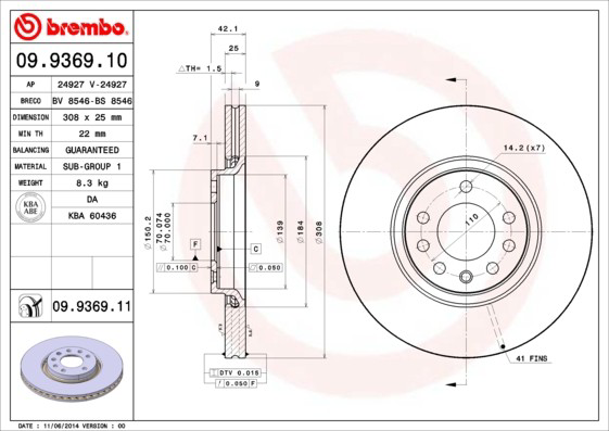 Tarcza hamulcowa przednia Brembo 09936911 cena, od 62,45 USD