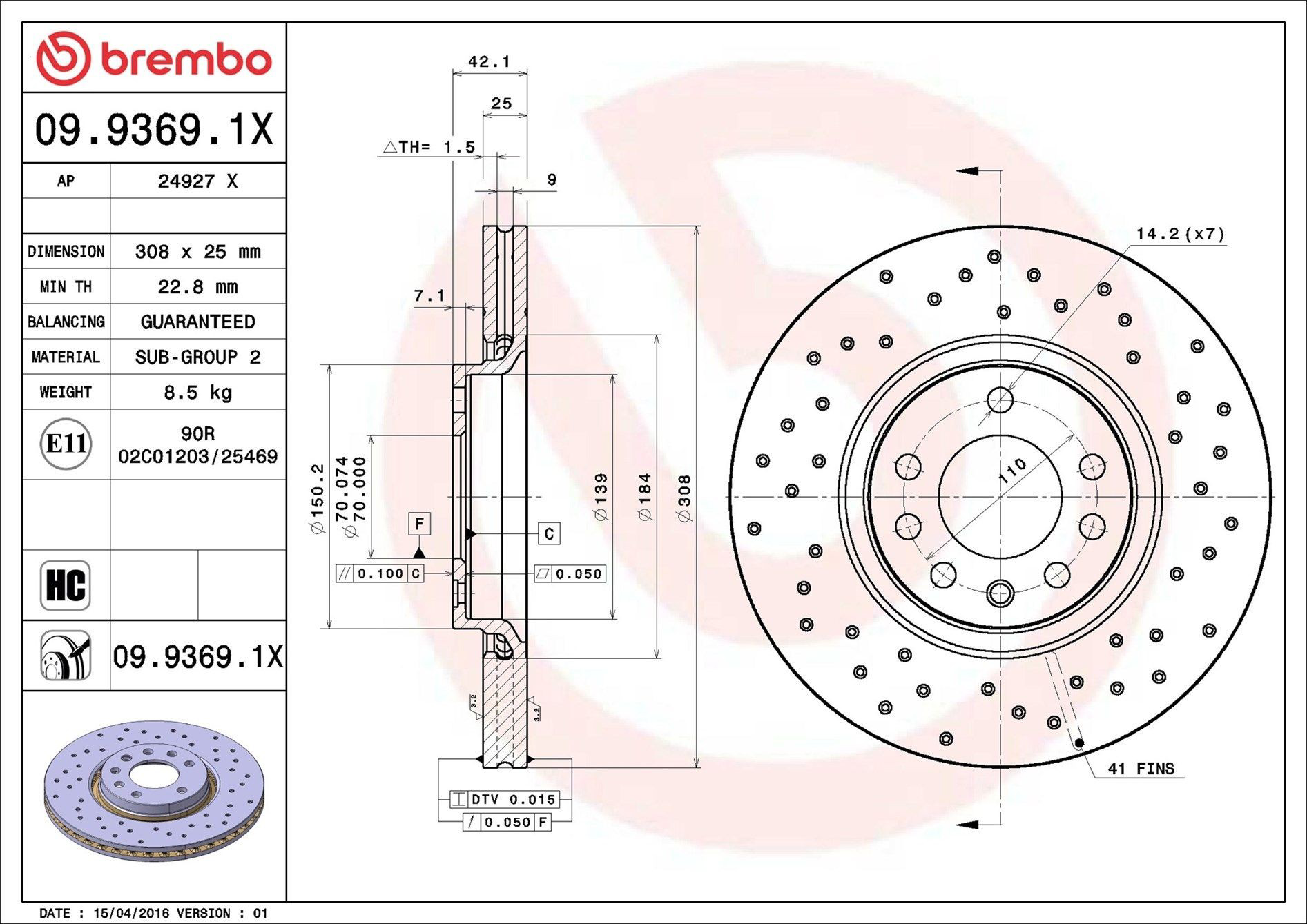 Tarcza hamulcowa przednia Brembo 0993691X cena, od 62,28 USD