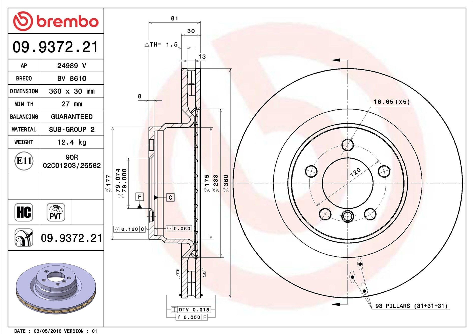 Tarcza hamulcowa przednia Brembo 09937221 cena, od 105,68 USD