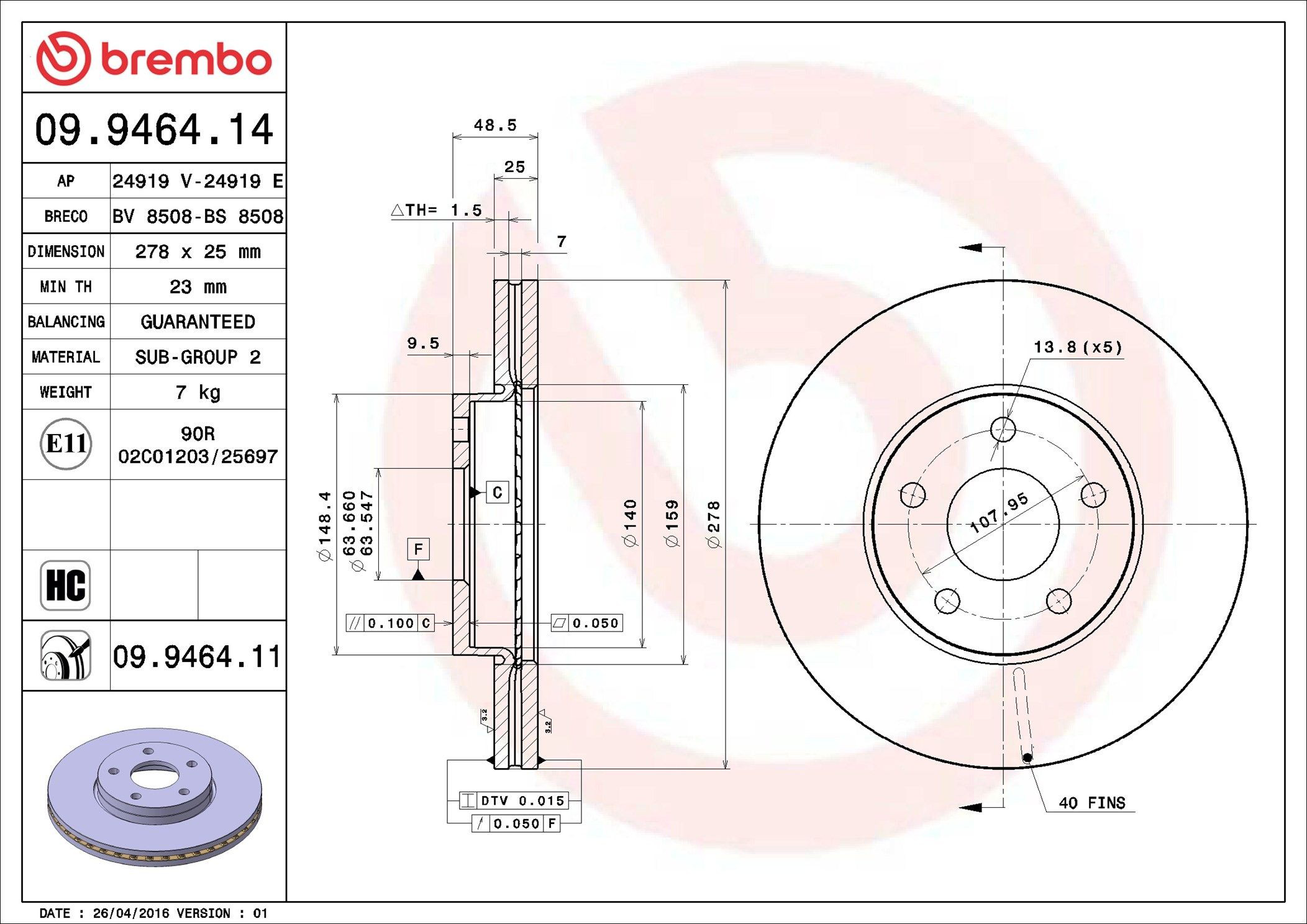 Tarcza hamulcowa przednia 09946411 Brembo