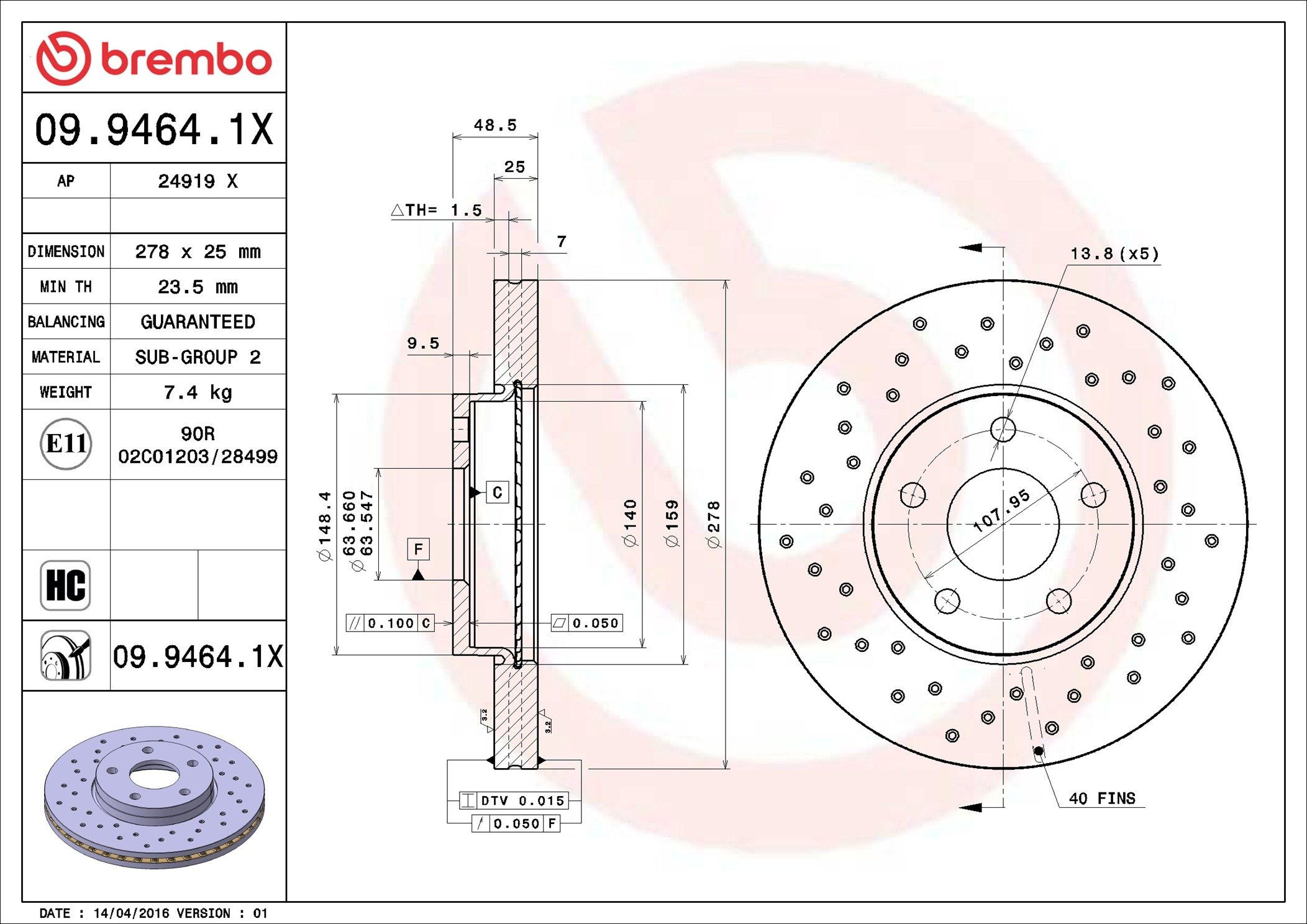Tarcza hamulcowa przednia Brembo 0994641X cena, od 50,49 USD