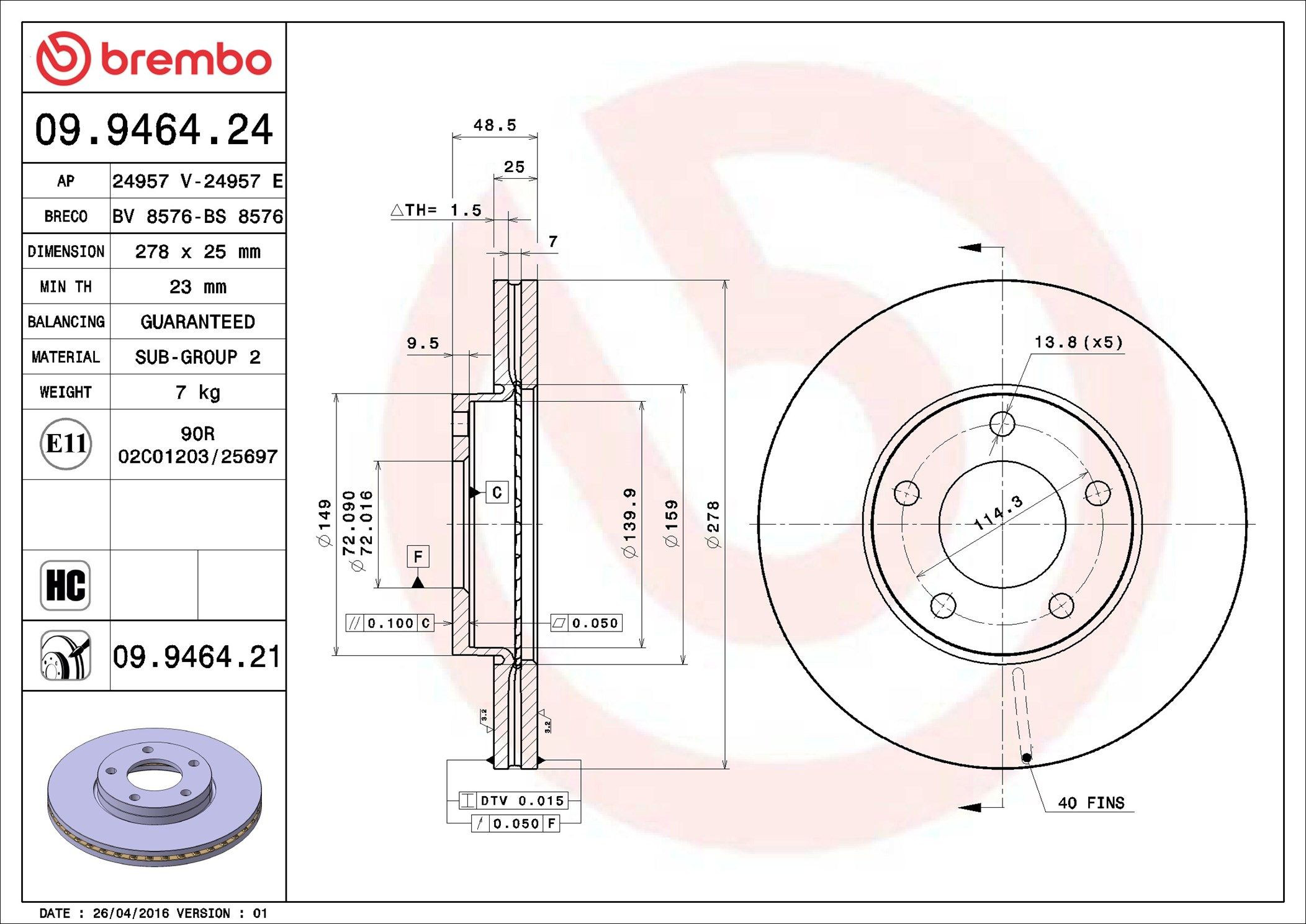 Tarcza hamulcowa przednia Brembo 09946421 cena, od 47,08 USD