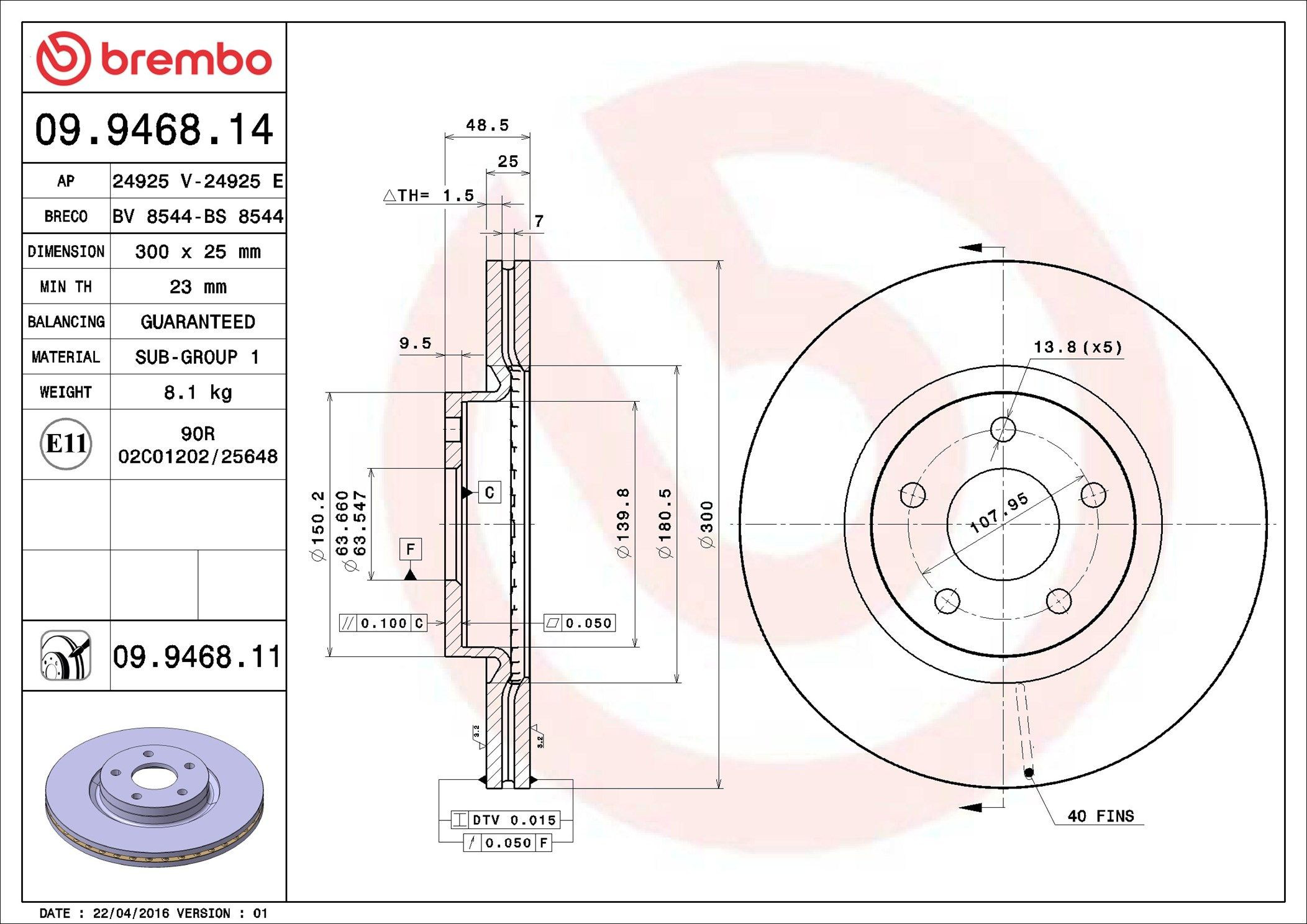 Tarcza hamulcowa przednia 09946811 Brembo