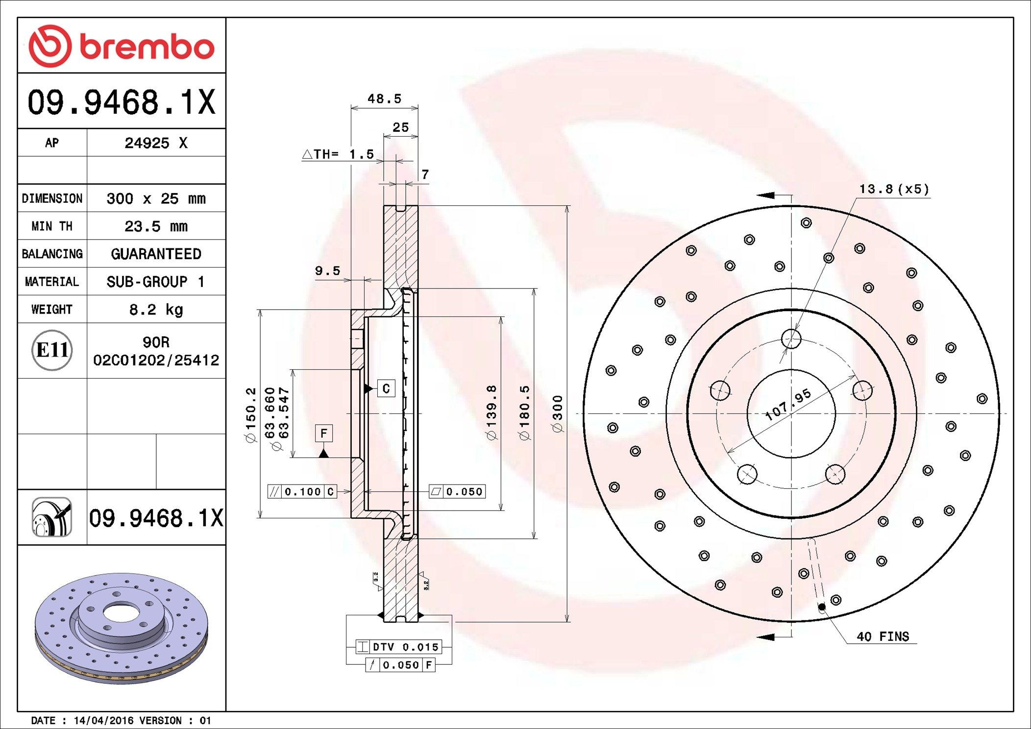 Tarcza hamulcowa przednia Brembo 0994681X cena, od 52,96 USD