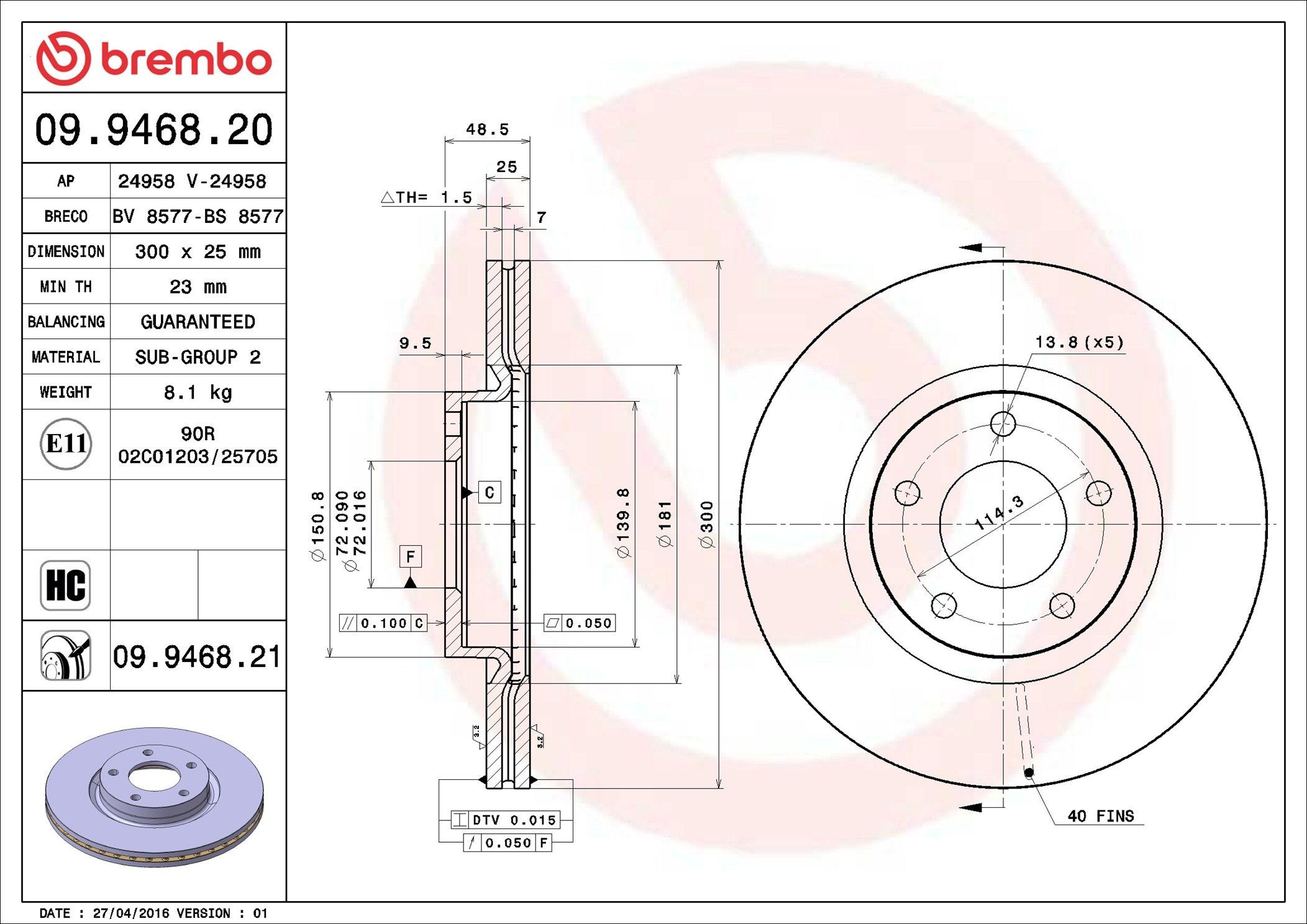 Tarcza hamulcowa przednia Brembo 09946820 cena, od 49,12 USD