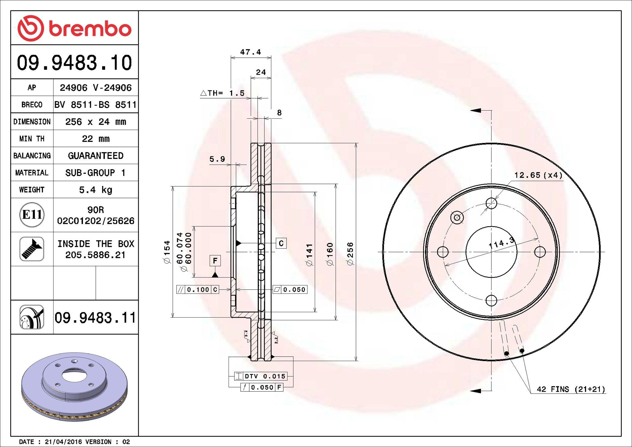 Tarcza hamulcowa przednia Brembo 09948311 cena, od 38,00 USD