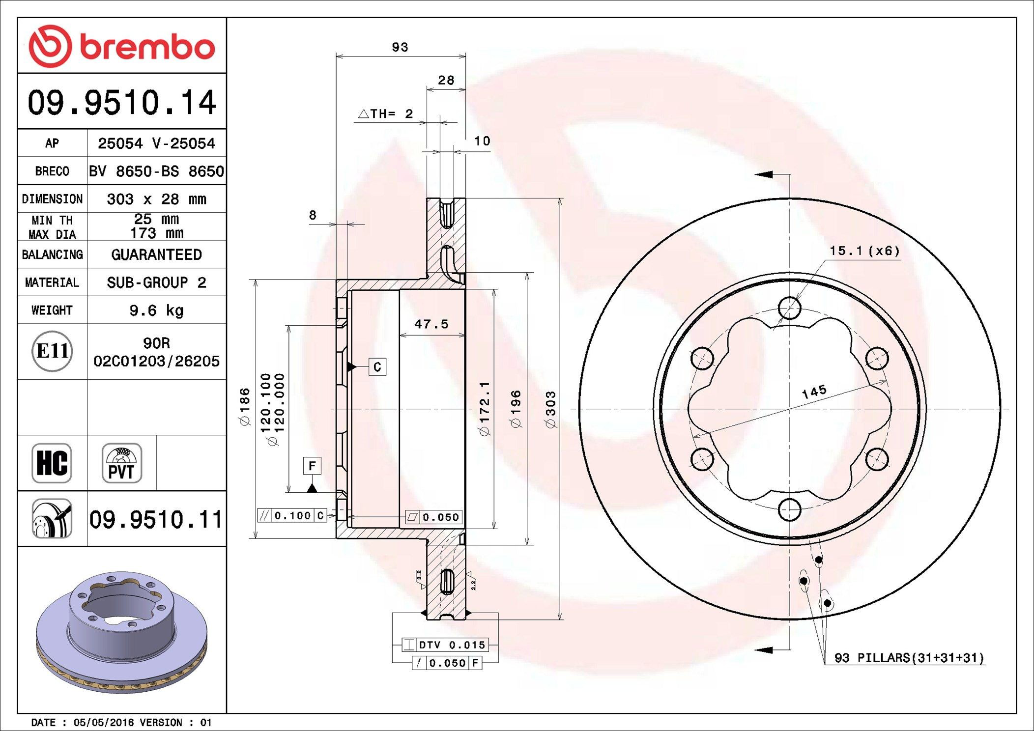 Tarcza hamulcowa tylna Brembo 09951014 cena, od 68,31 USD
