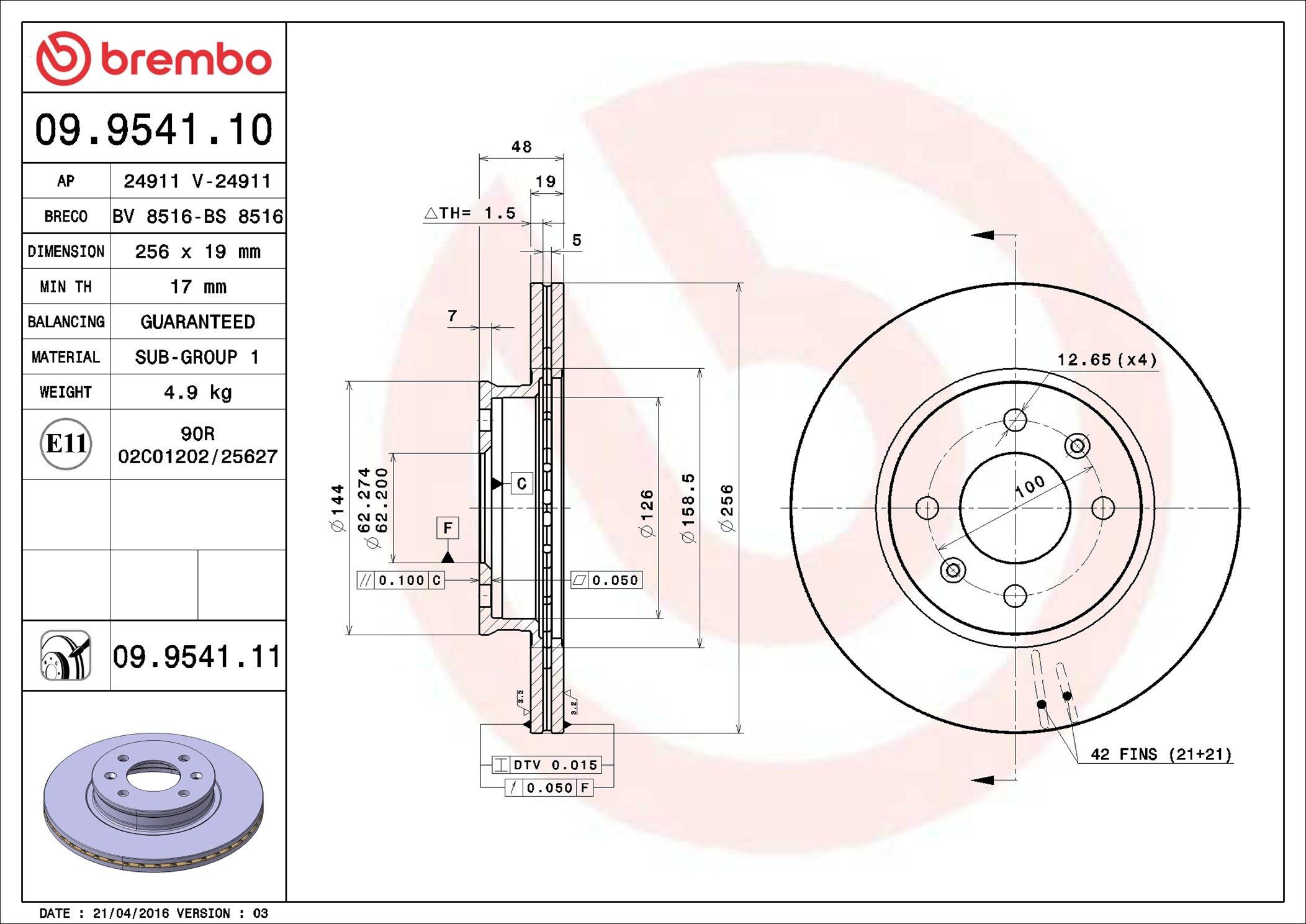 Tarcza hamulcowa przednia Brembo 09954110 cena, od 34,35 USD