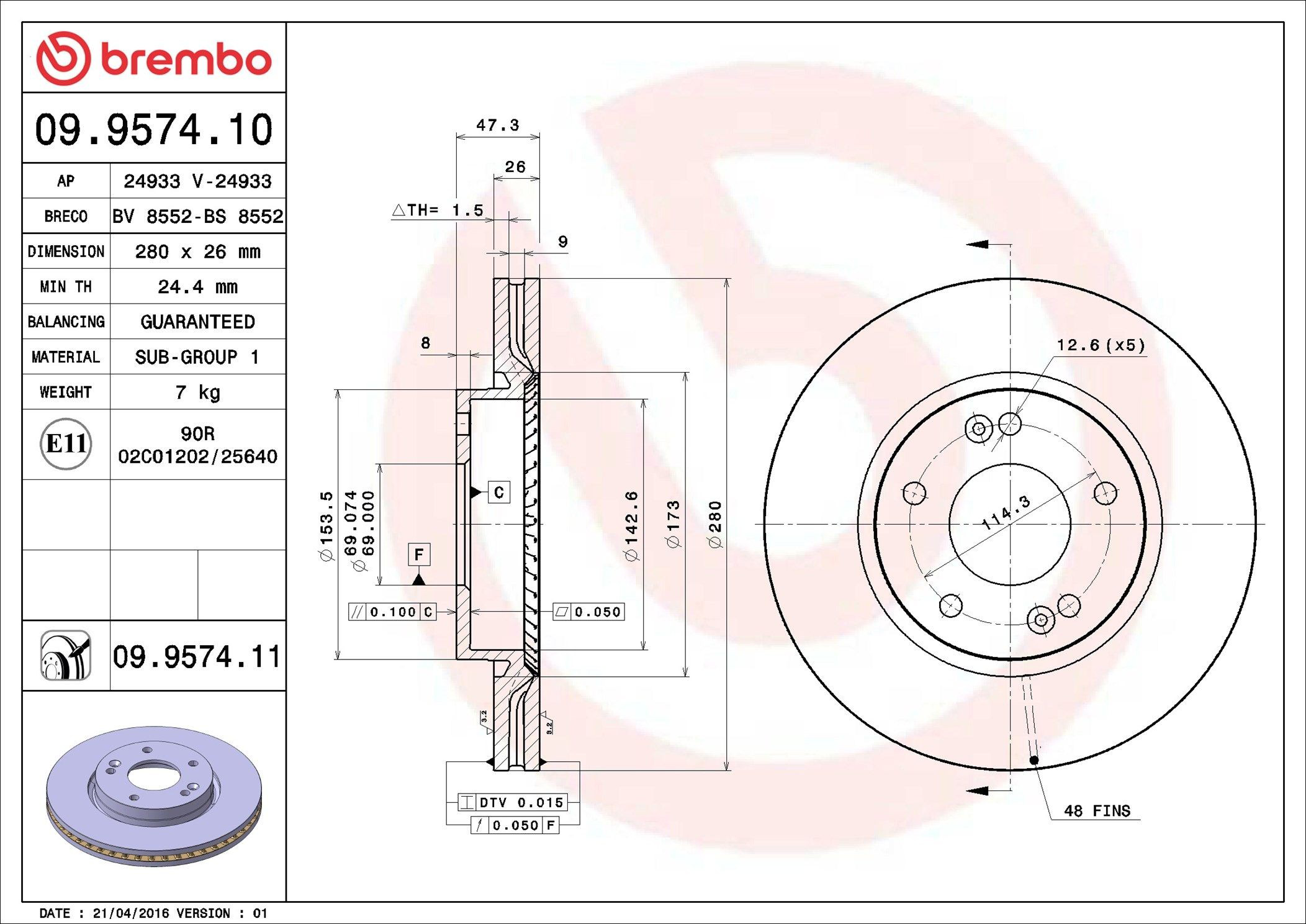 Tarcza hamulcowa przednia Brembo 09957410 cena, od 48,14 USD