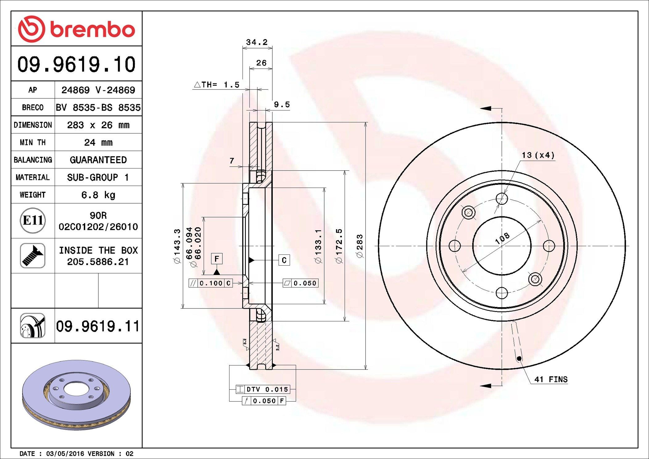 Tarcza hamulcowa przednia Brembo 09961911 cena, od 47,12 USD