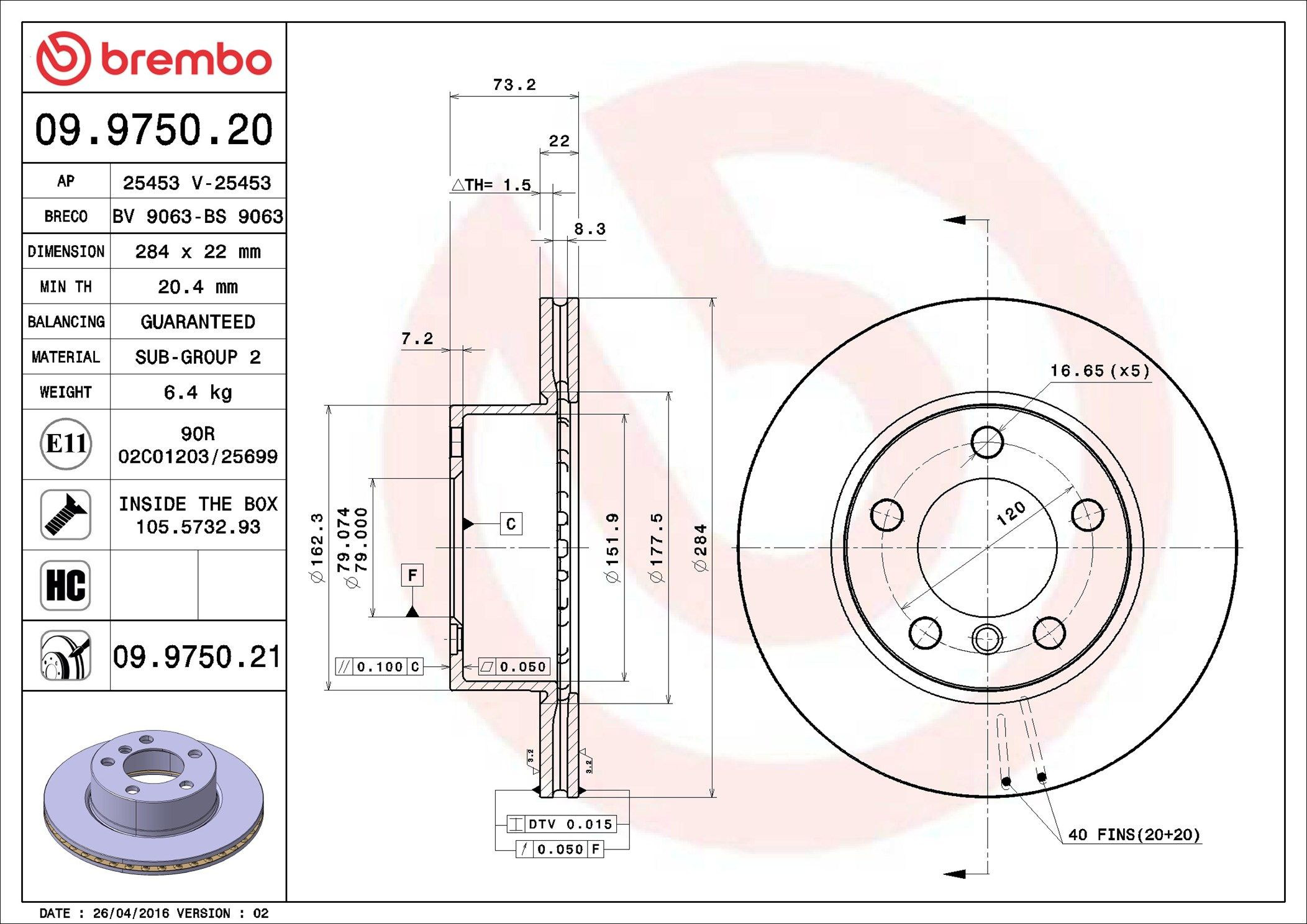 Tarcza hamulcowa przednia Brembo 09975021 cena, od 50,16 USD