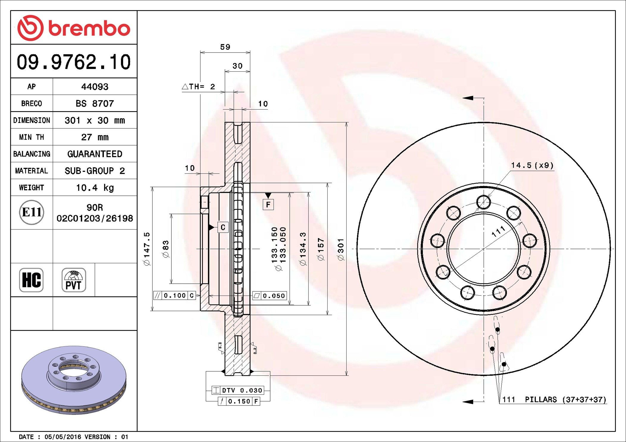 Tarcza hamulcowa przednia Brembo 09976210 cena, od 76,40 USD