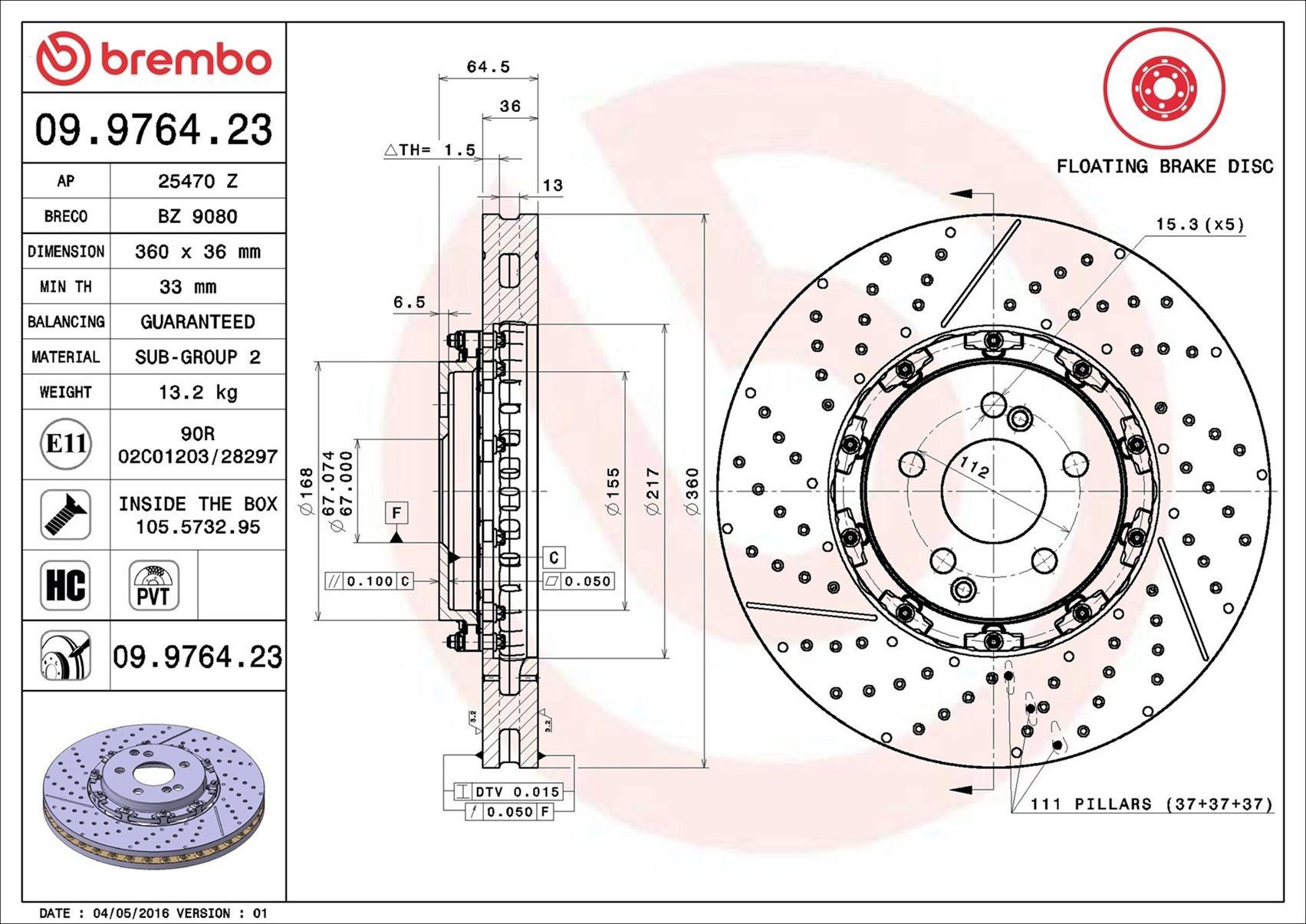 Tarcza hamulcowa przednia Brembo 09976423 cena, od 656,43 USD