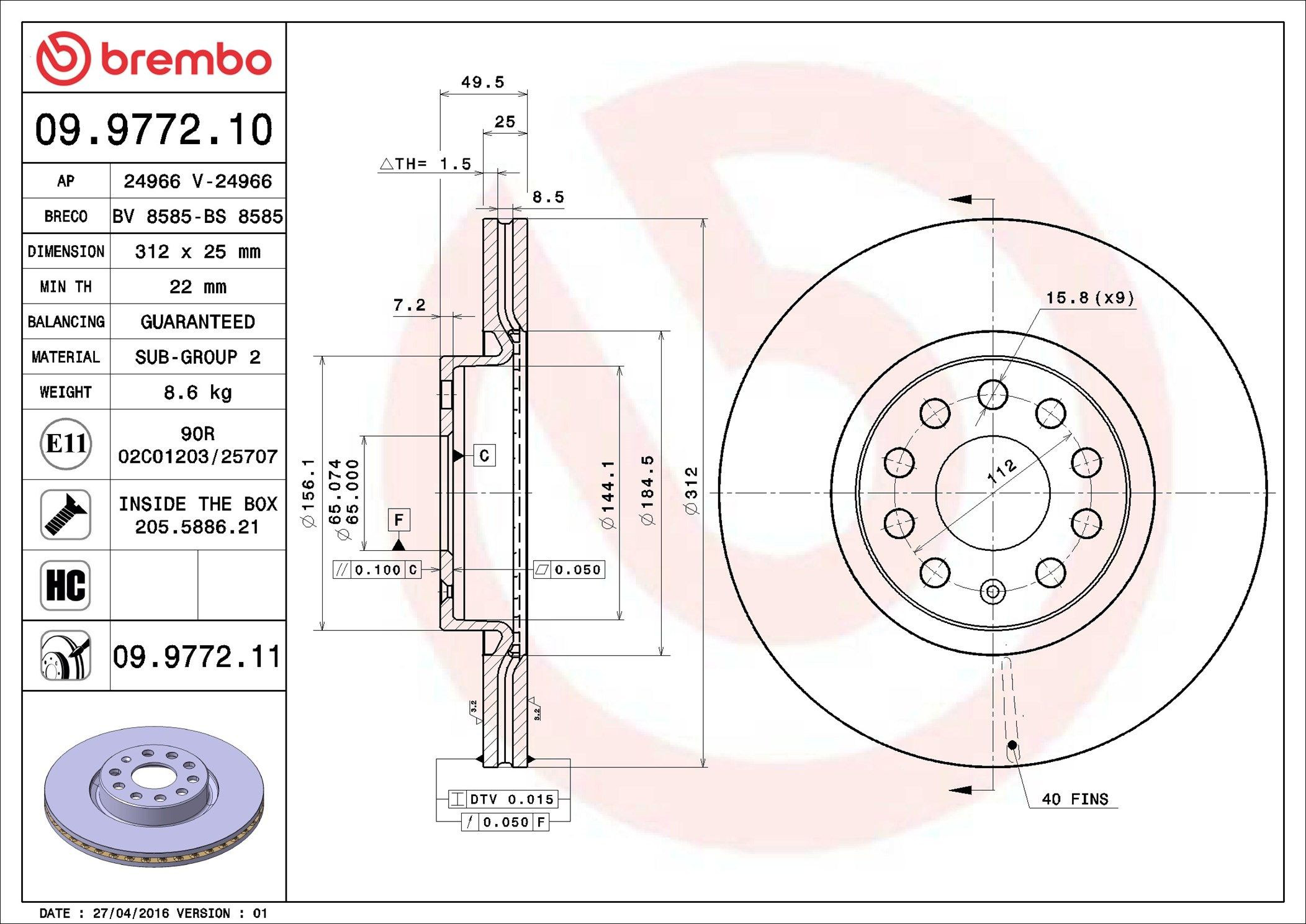 Tarcza hamulcowa przednia Brembo 09977211 cena, od 54,40 USD