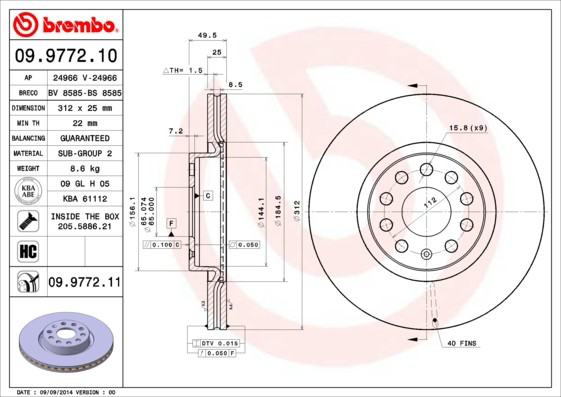 Do koszyka 09977211 Brembo Tarcza hamulcowa przednia