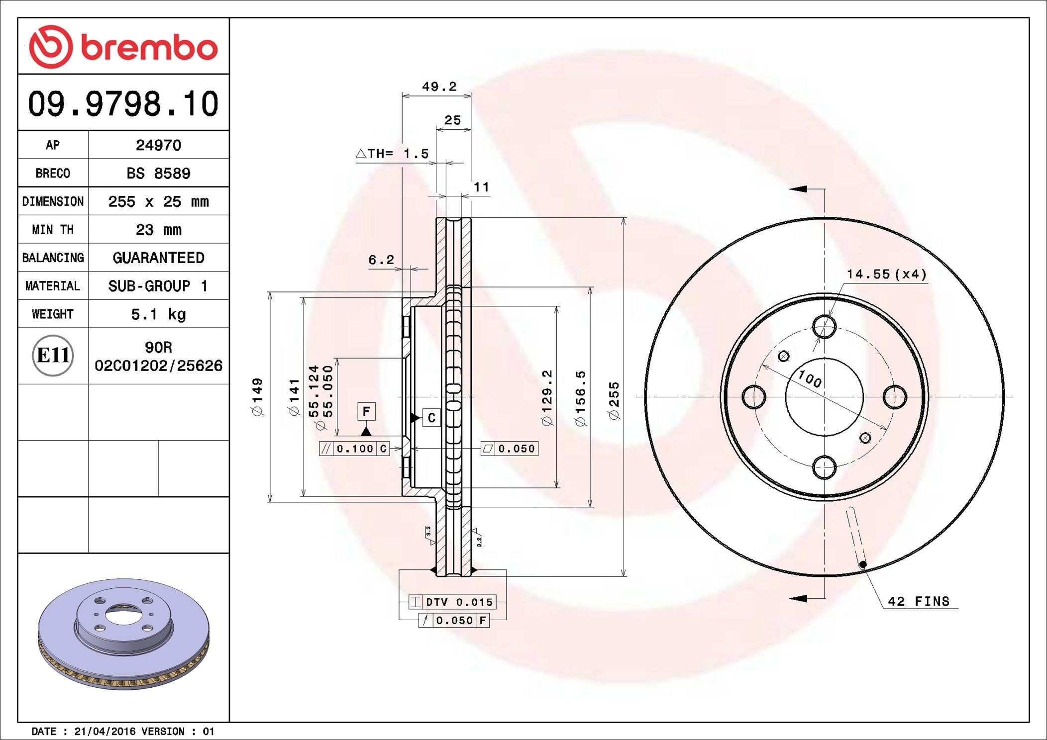 Tarcza hamulcowa przednia Brembo 09979810 cena, od 44,61 USD