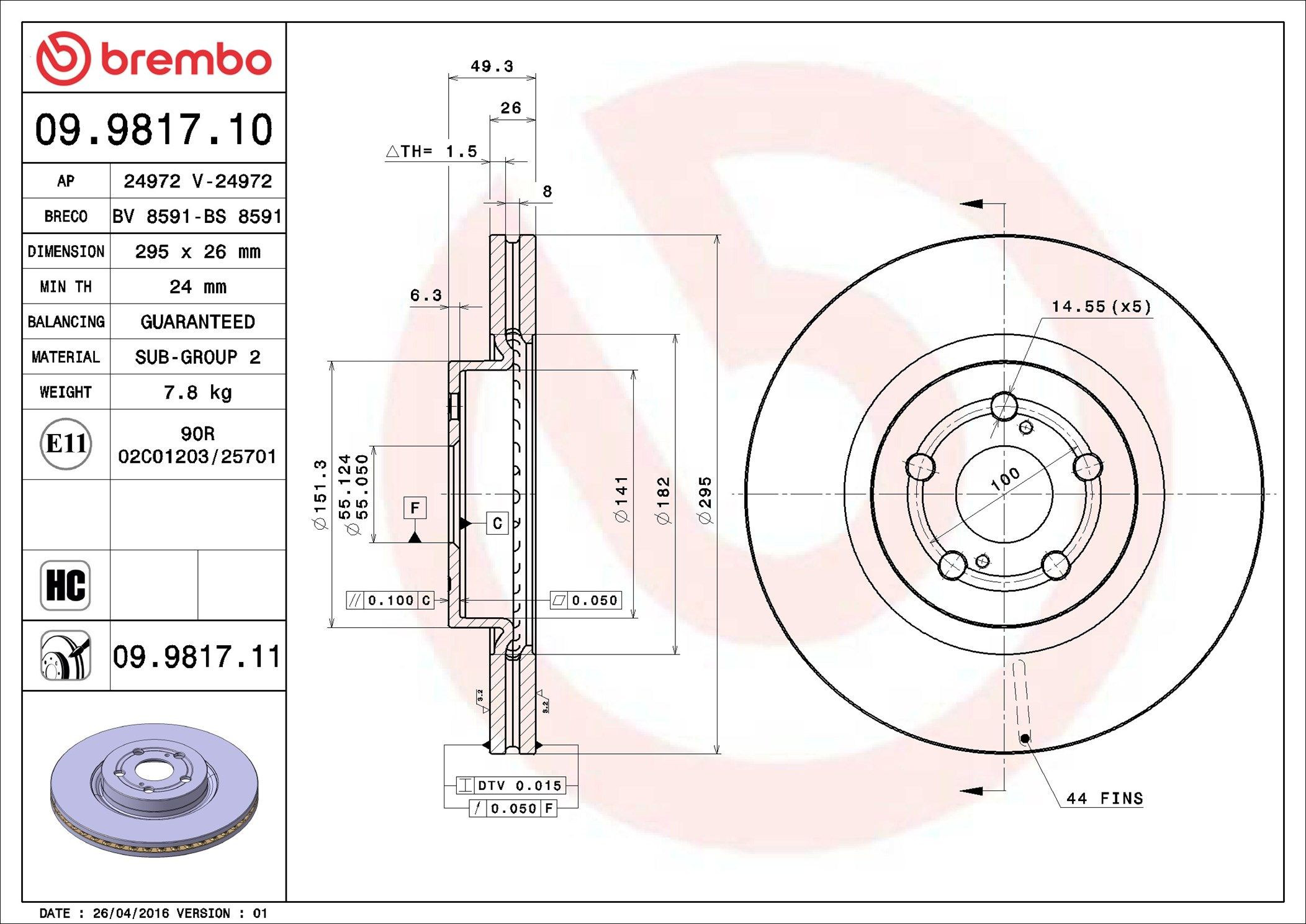 Tarcza hamulcowa przednia Brembo 09981711 cena, od 59,88 USD