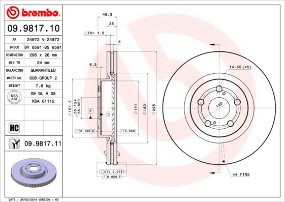 Tarcza hamulcowa przednia Brembo 09981711 cena, od 59,88 USD