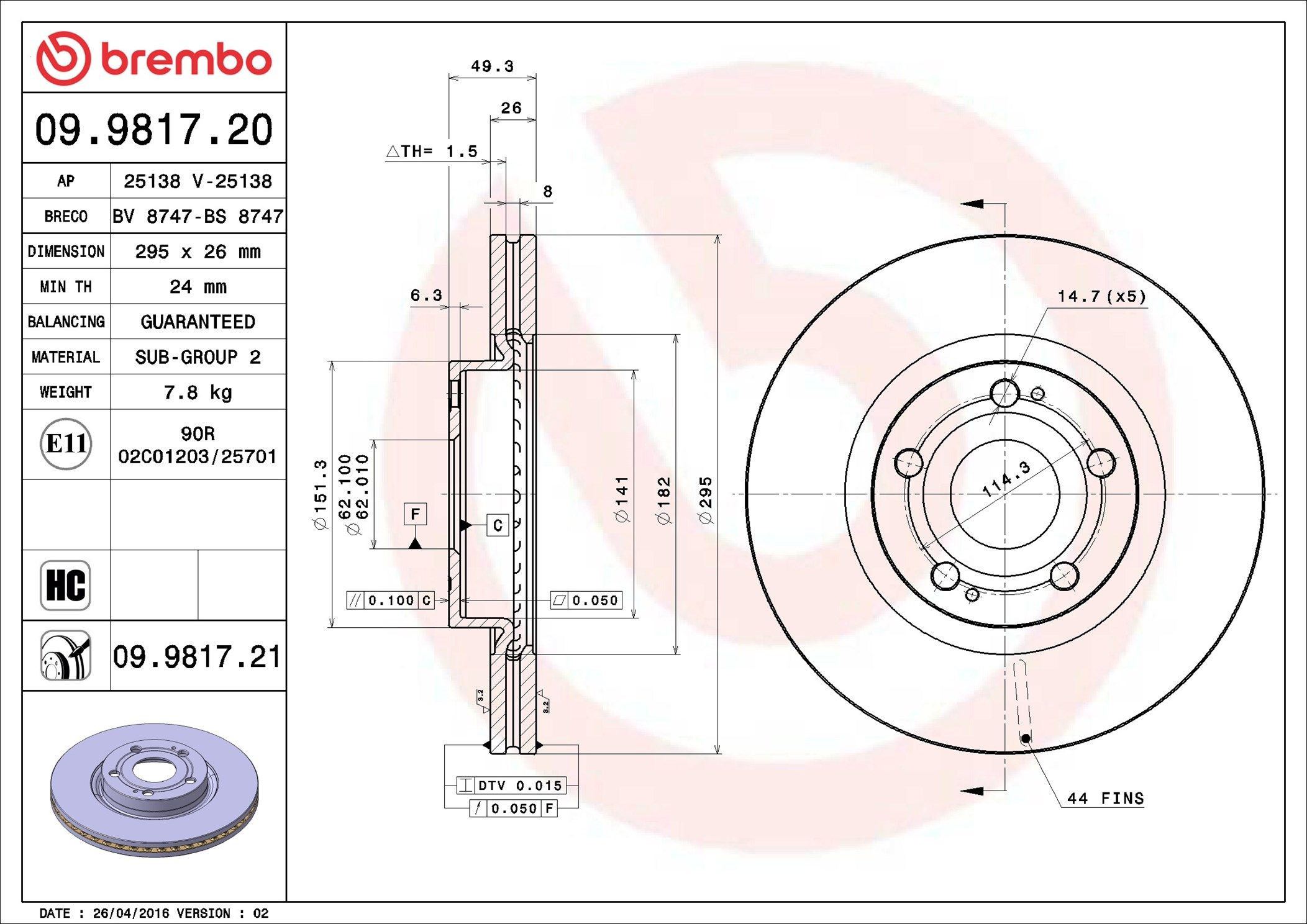 Tarcza hamulcowa przednia Brembo 09981720