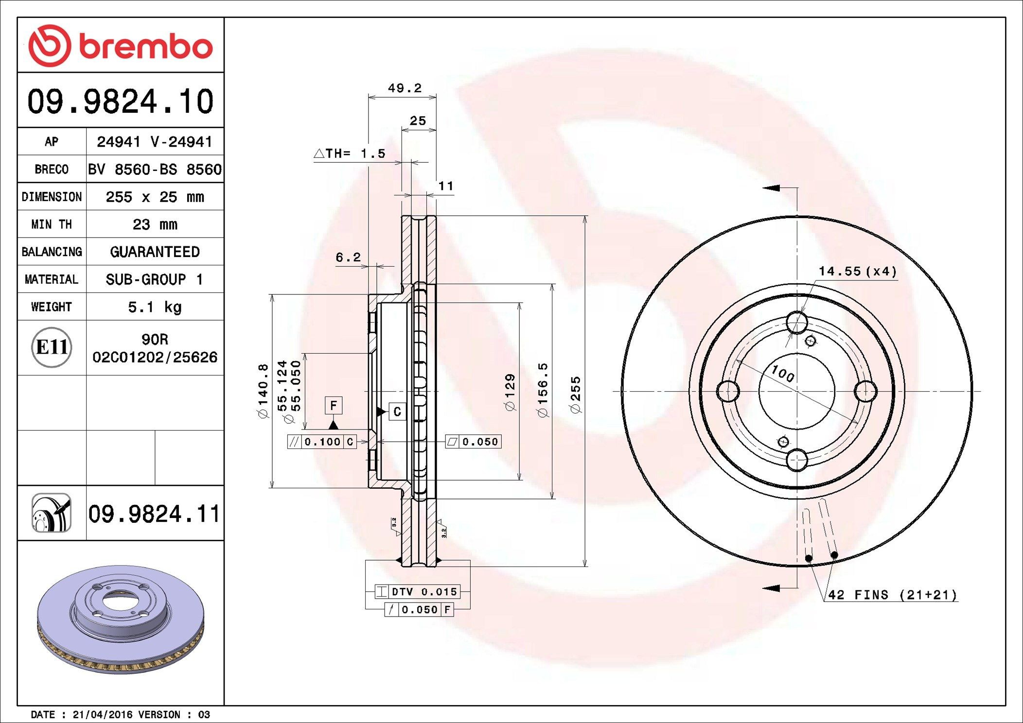 Tarcza hamulcowa przednia Brembo 09982410 cena, od 41,98 USD