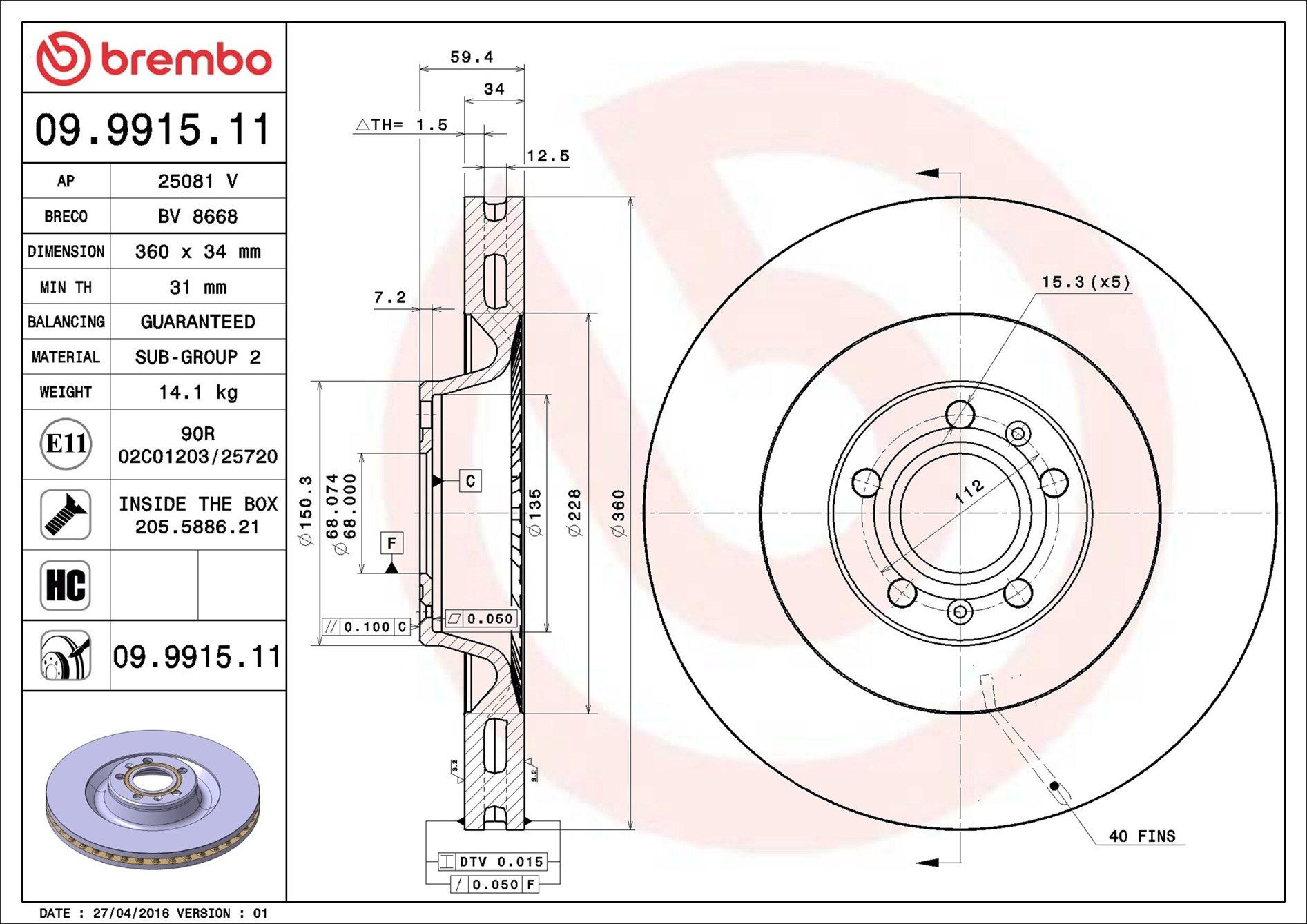 Tarcza hamulcowa przednia Brembo 09991511 cena, od 109,22 USD