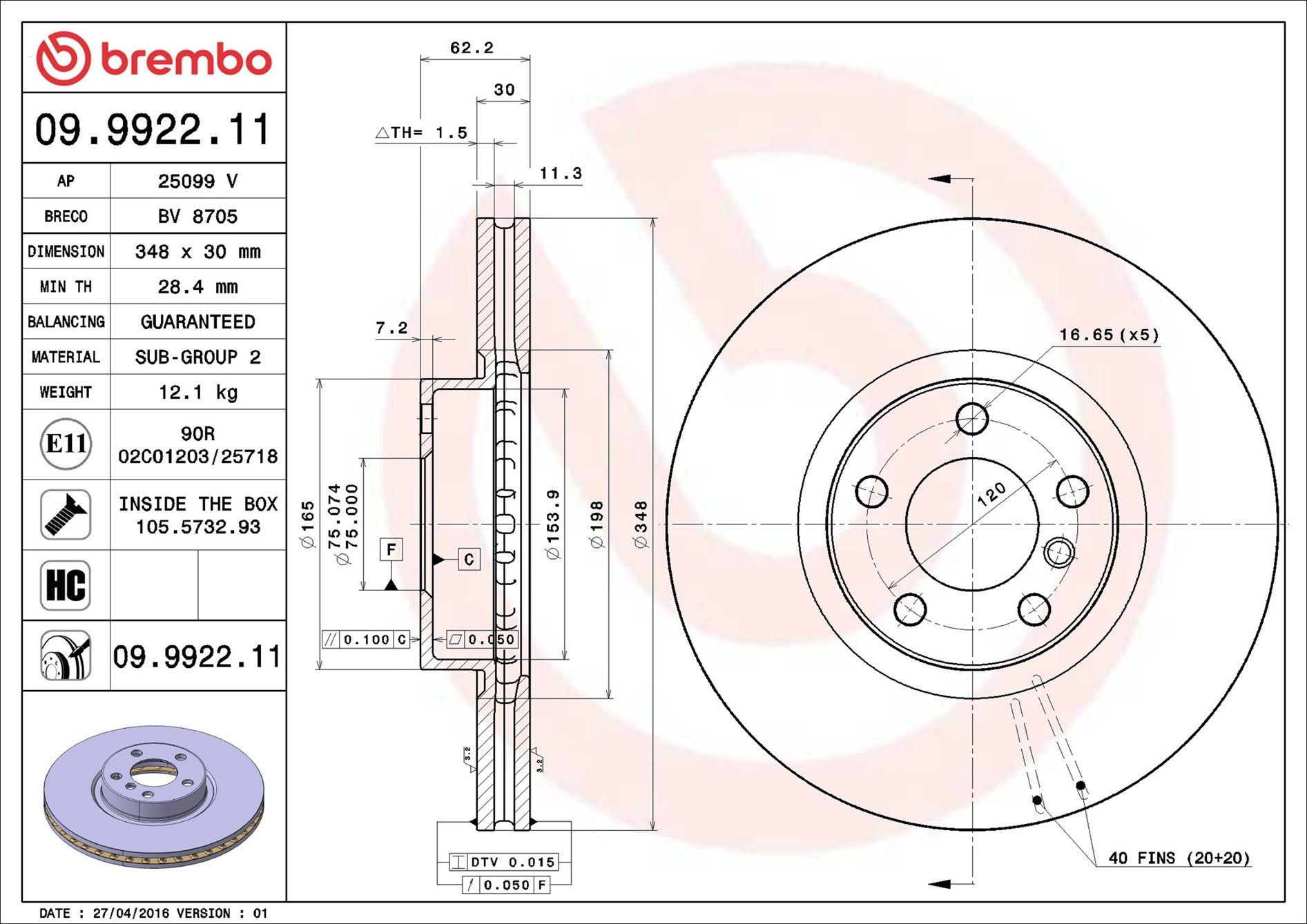 Tarcza hamulcowa przednia Brembo 09992211 cena, od 94,34 USD