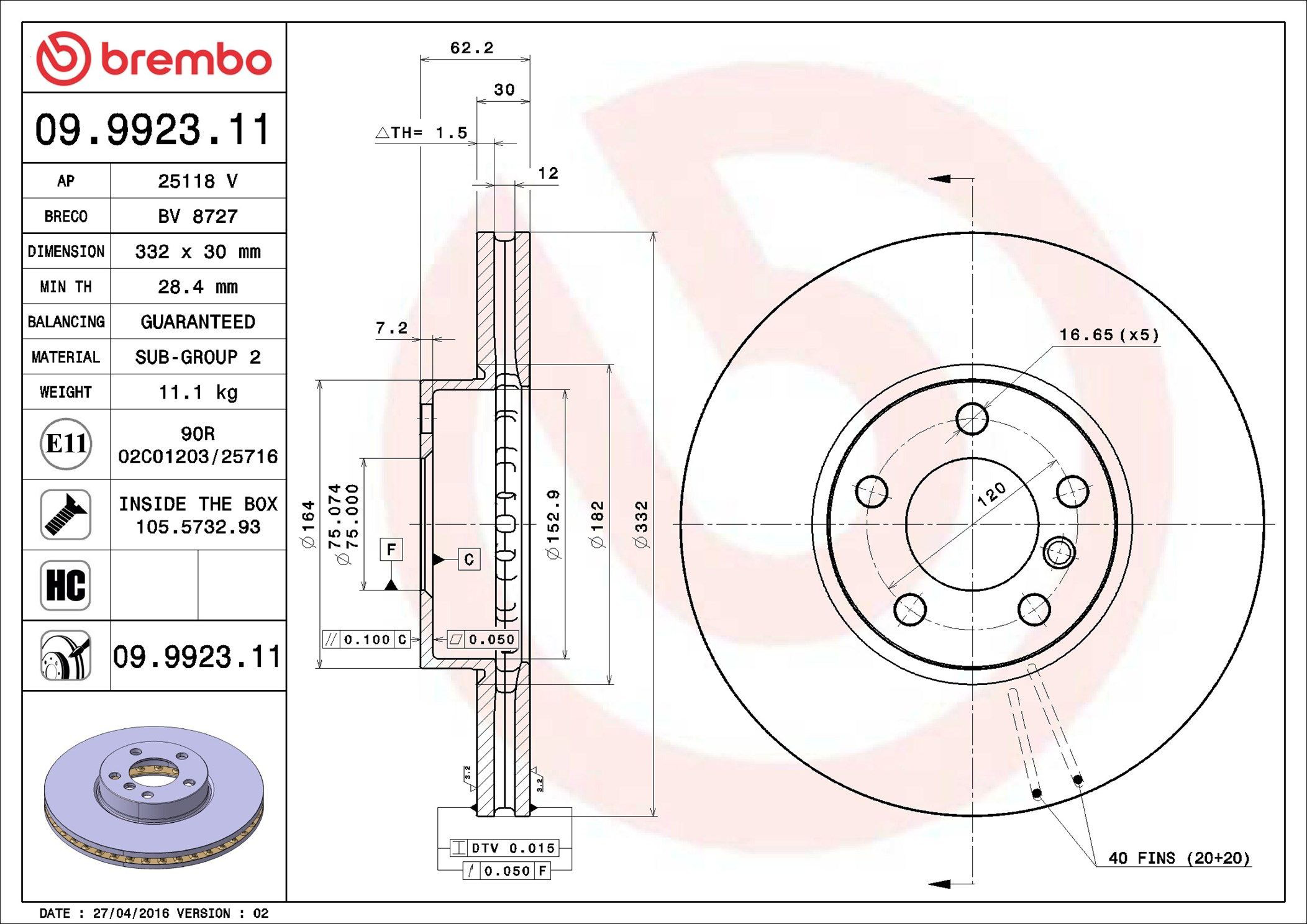 Do koszyka 09992311 Brembo Tarcza hamulcowa przednia