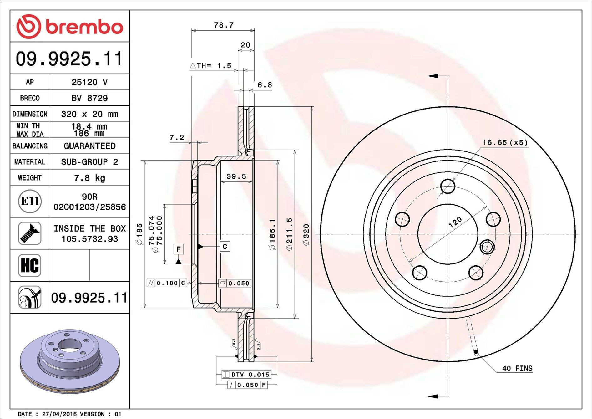 Tarcza hamulcowa tylna Brembo 09992511