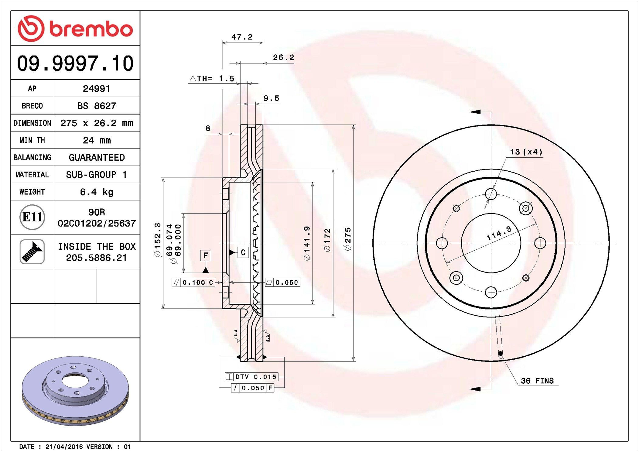 Tarcza hamulcowa przednia Brembo 09999710 cena, od 47,80 USD