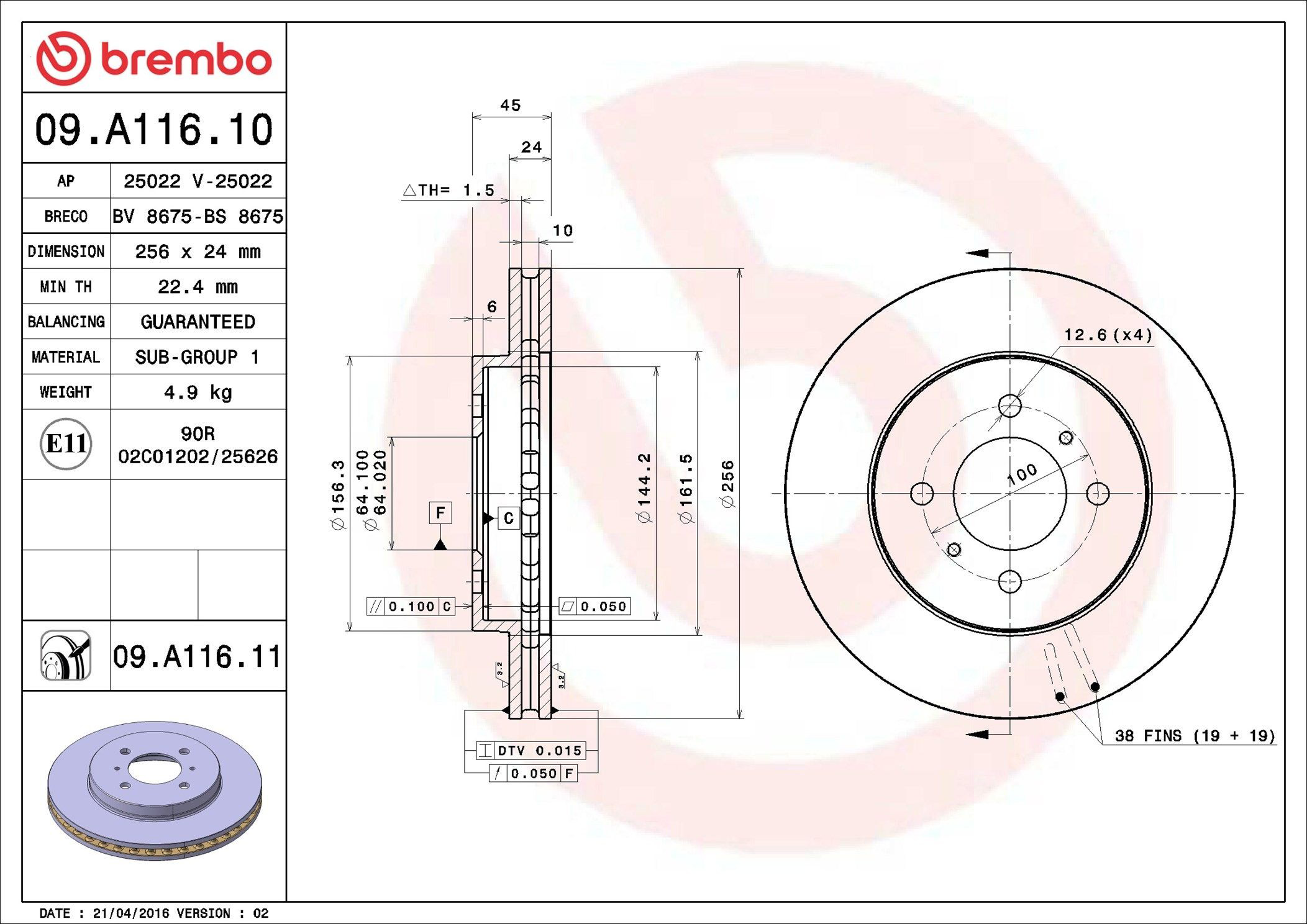 Tarcza hamulcowa przednia Brembo 09A11611 cena, od 45,76 USD