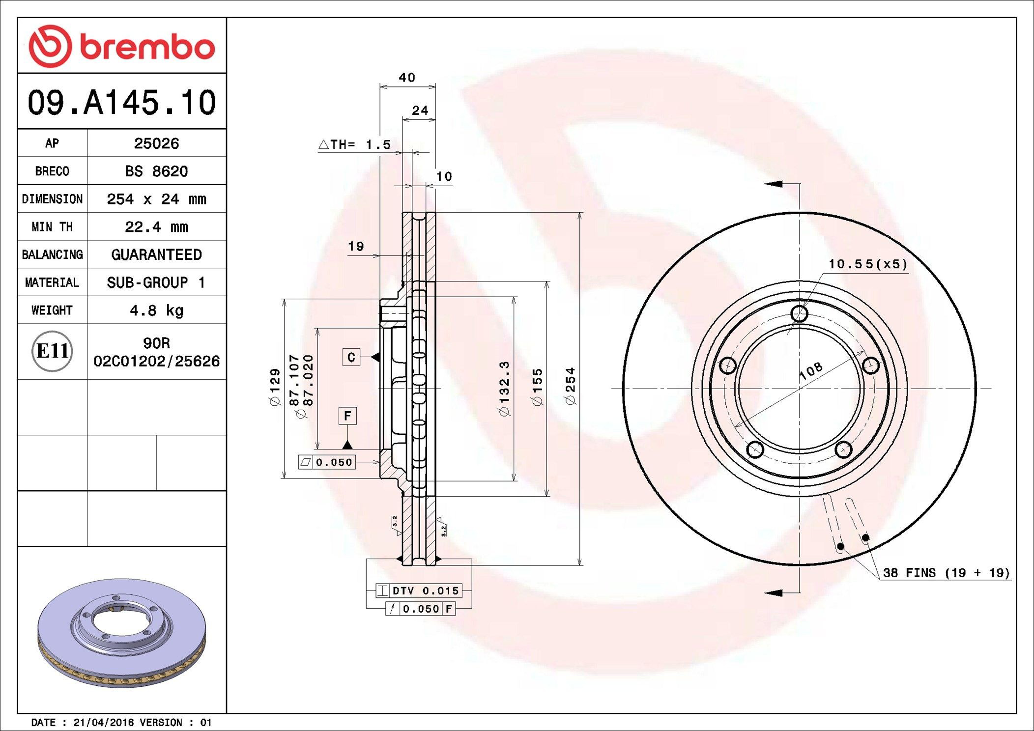 Tarcza hamulcowa przednia Brembo 09A14510 cena, od 39,38 USD