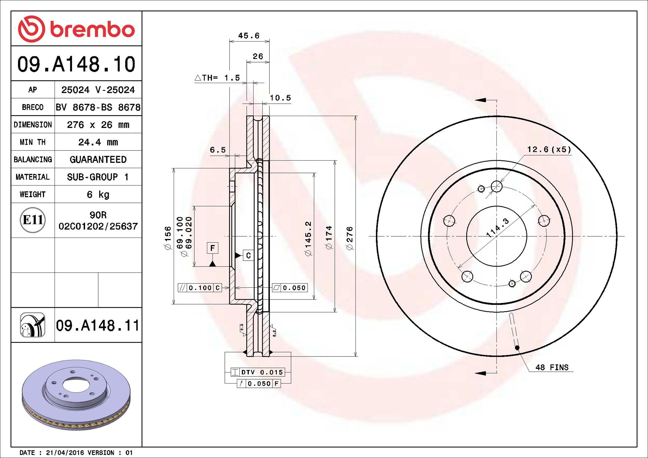 Tarcza hamulcowa przednia Brembo 09A14811 cena, od 47,86 USD