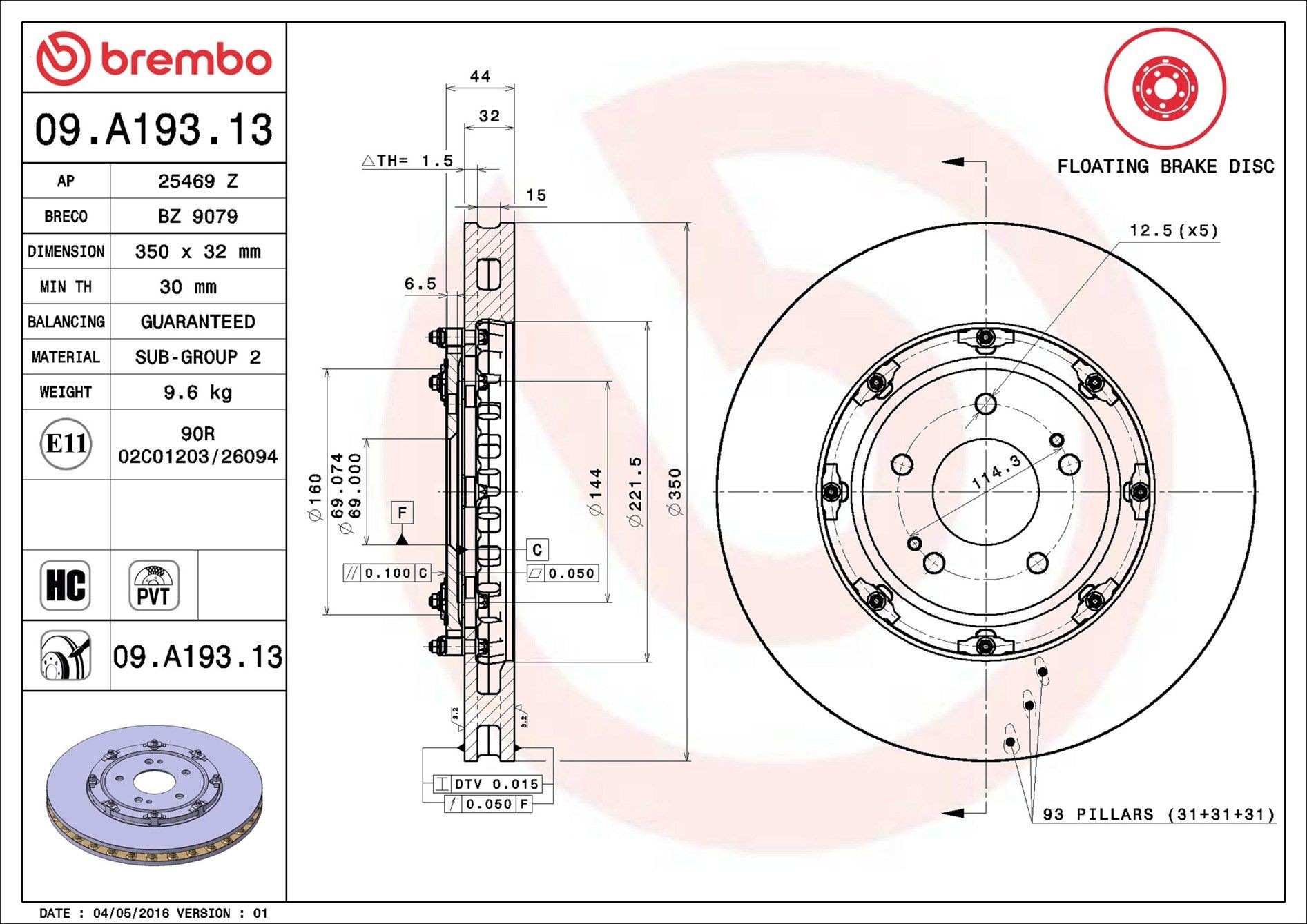 Do koszyka 09A19313 Brembo Tarcza hamulcowa przednia