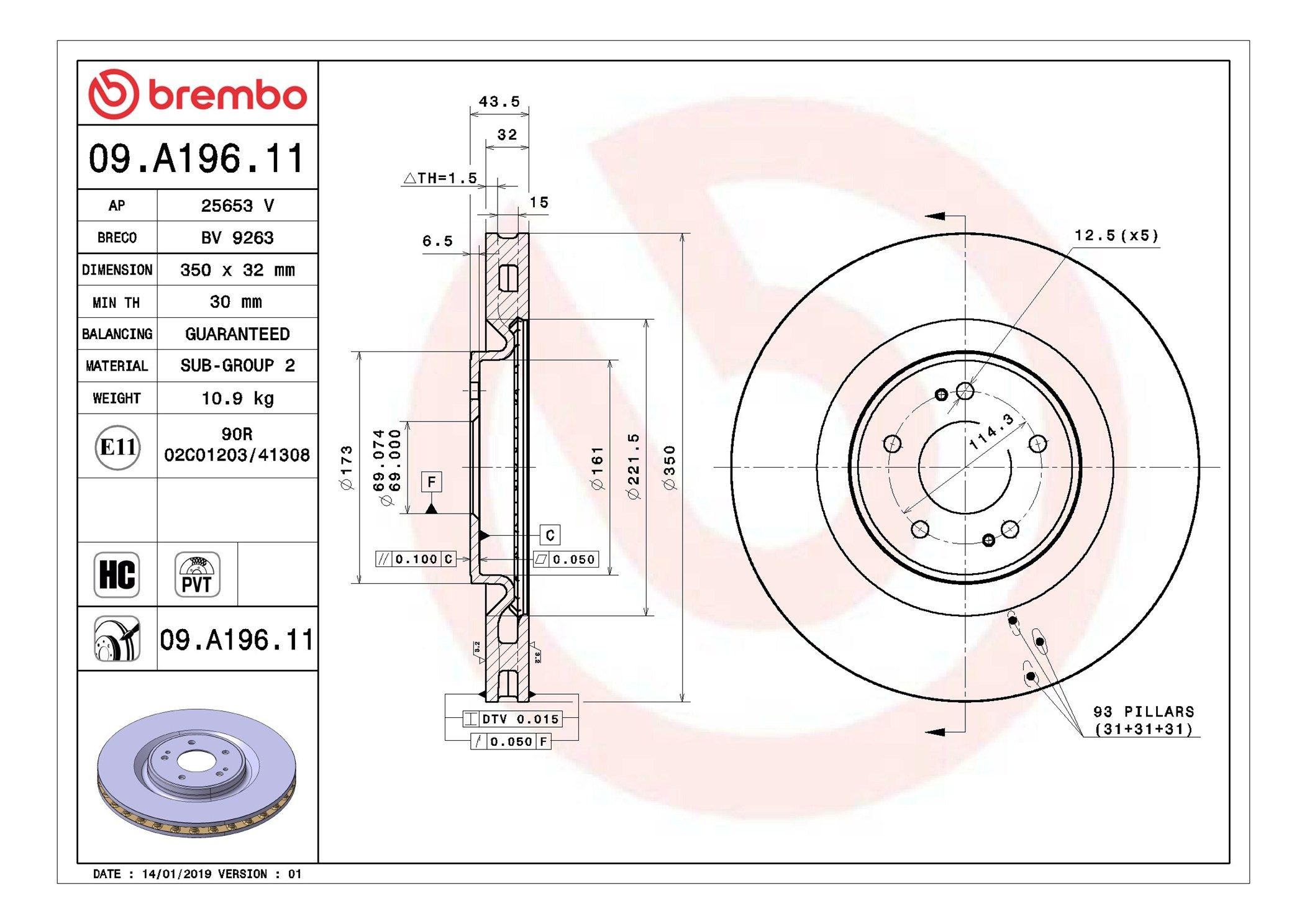 Do koszyka 09A19611 Brembo Tarcza hamulcowa przednia