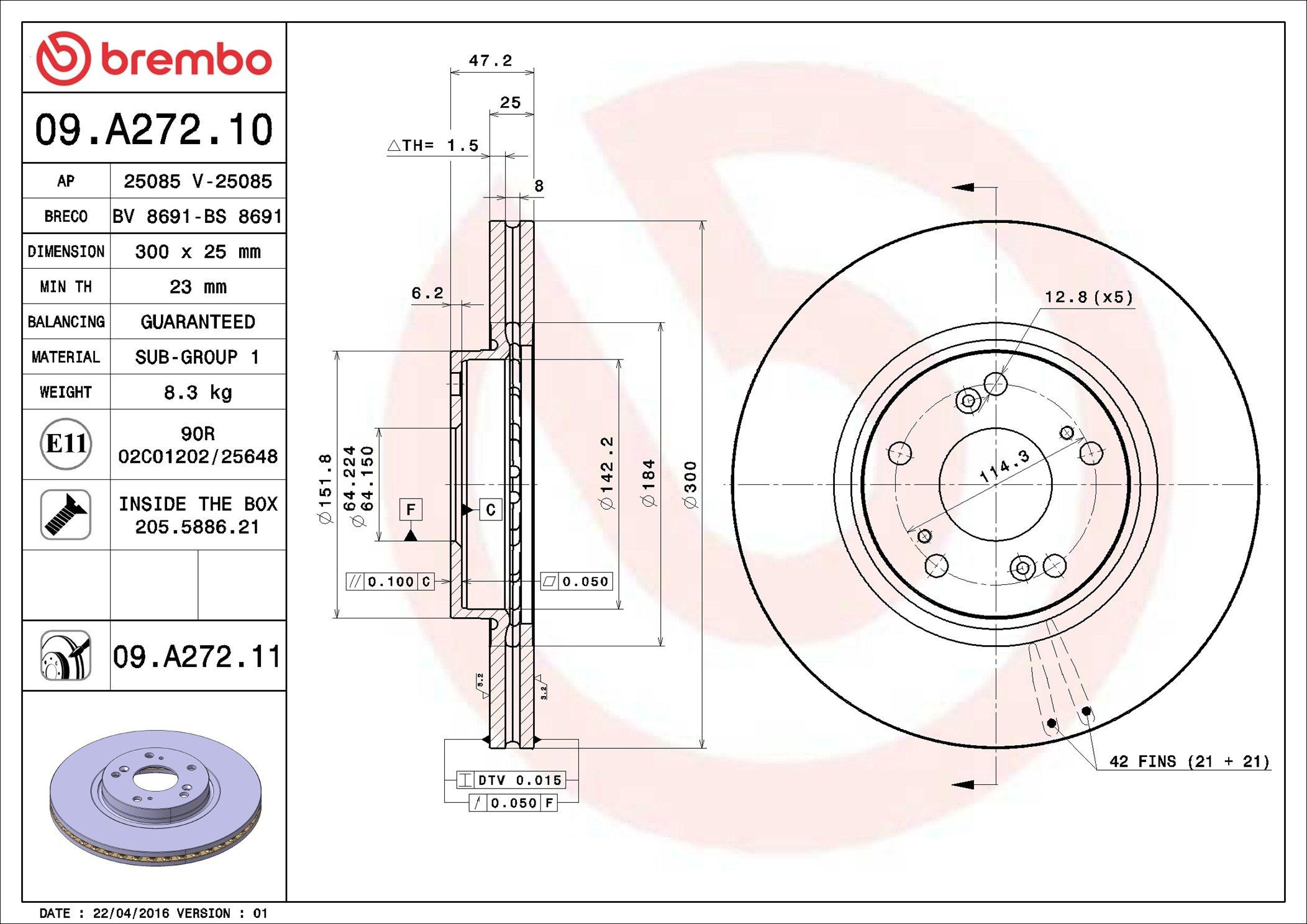 Tarcza hamulcowa przednia Brembo 09A27211 cena, od 54,94 USD