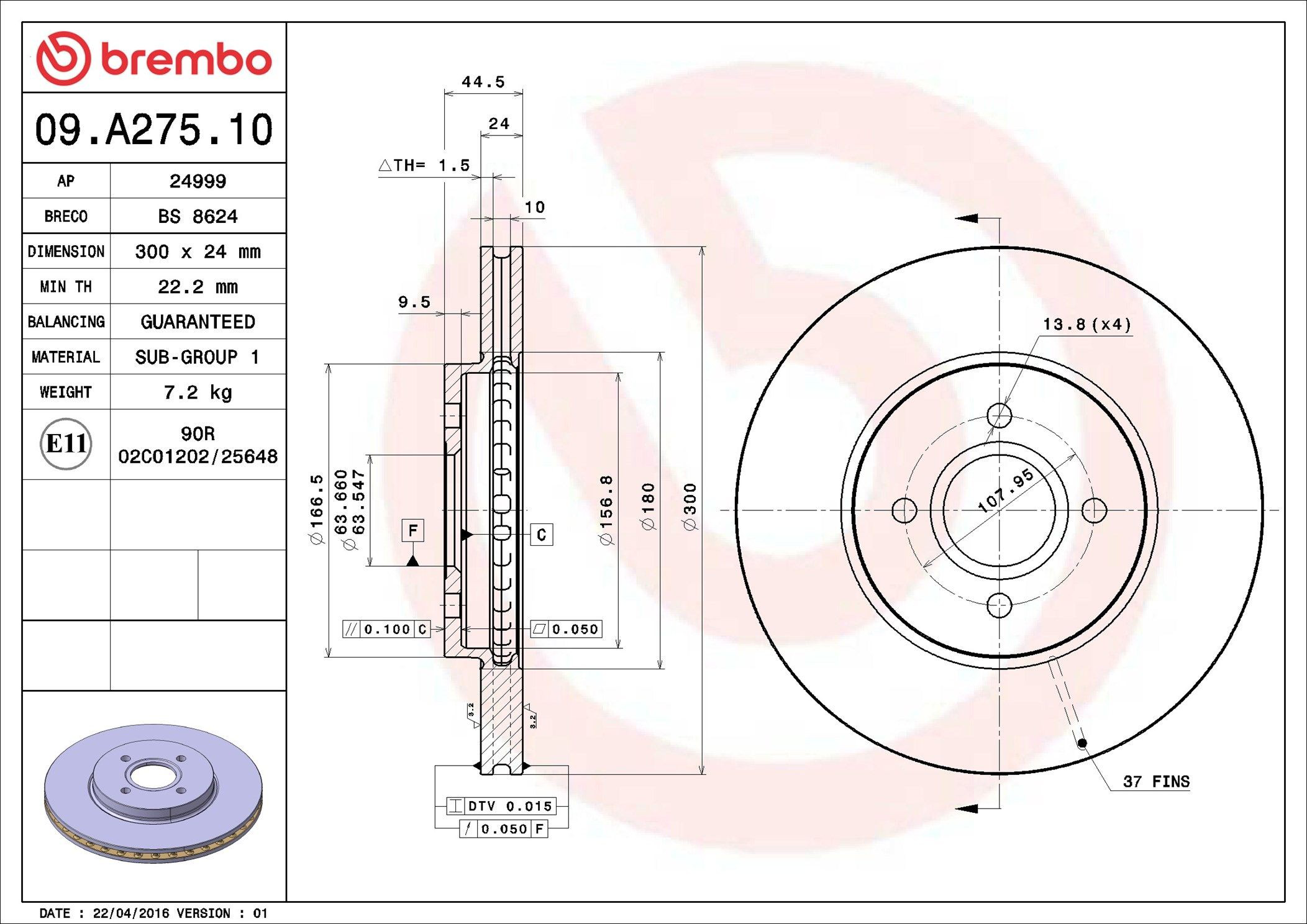 Tarcza hamulcowa przednia Brembo 09A27510 cena, od 60,26 USD