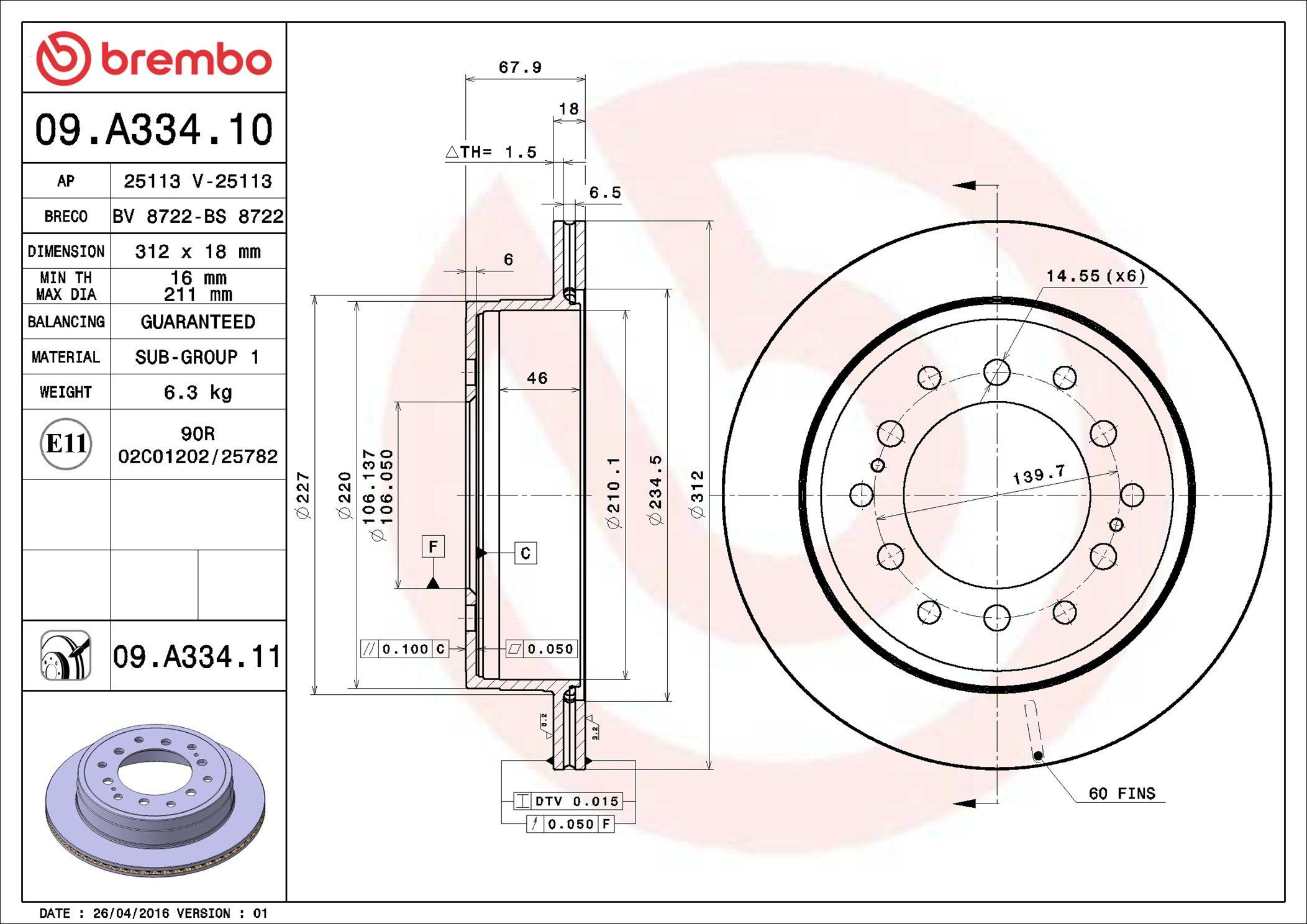 Tarcza hamulcowa tylna Brembo 09A33411 cena, od 48,25 USD
