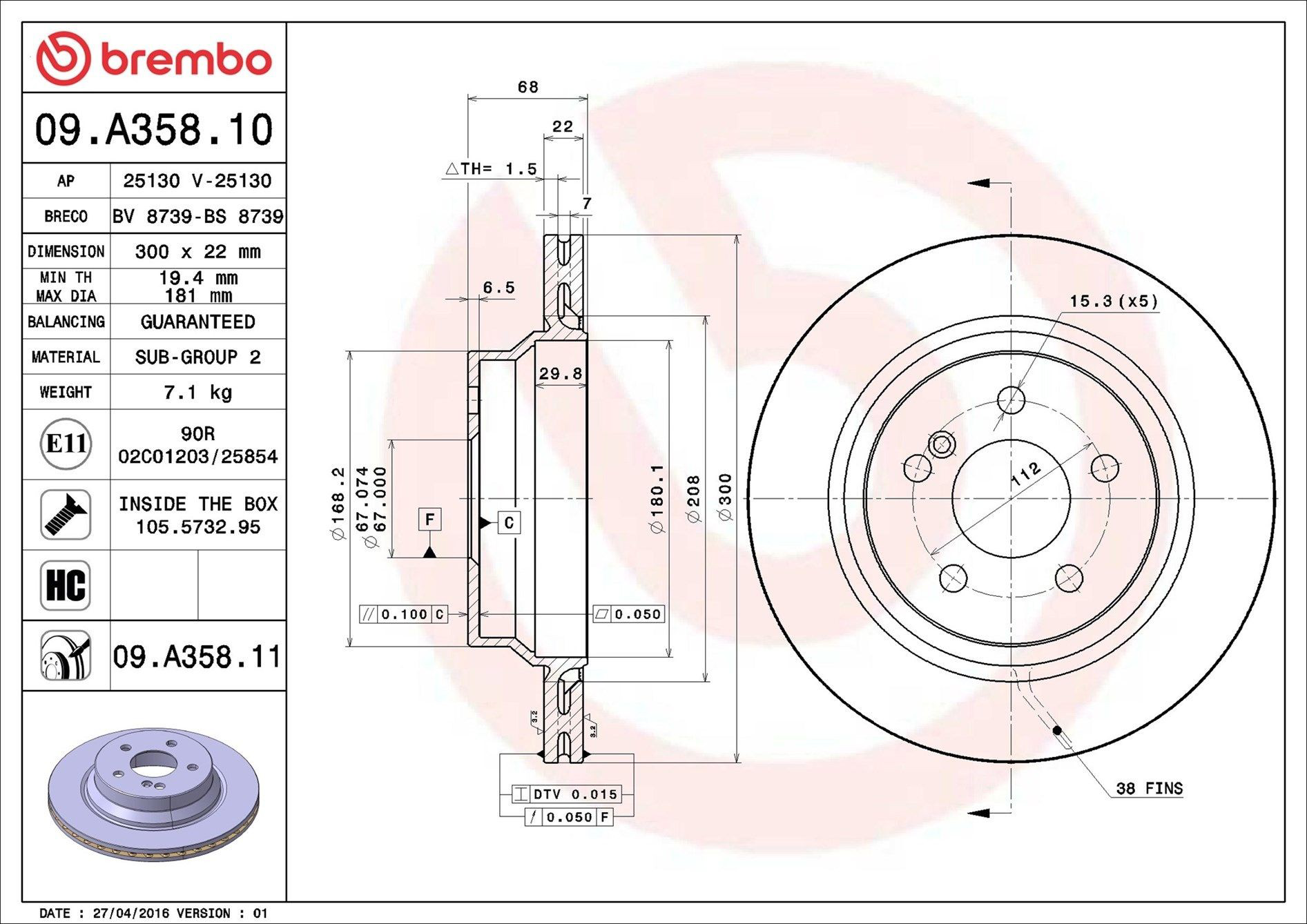 Tarcza hamulcowa tylna Brembo 09A35811 cena, od 48,28 USD