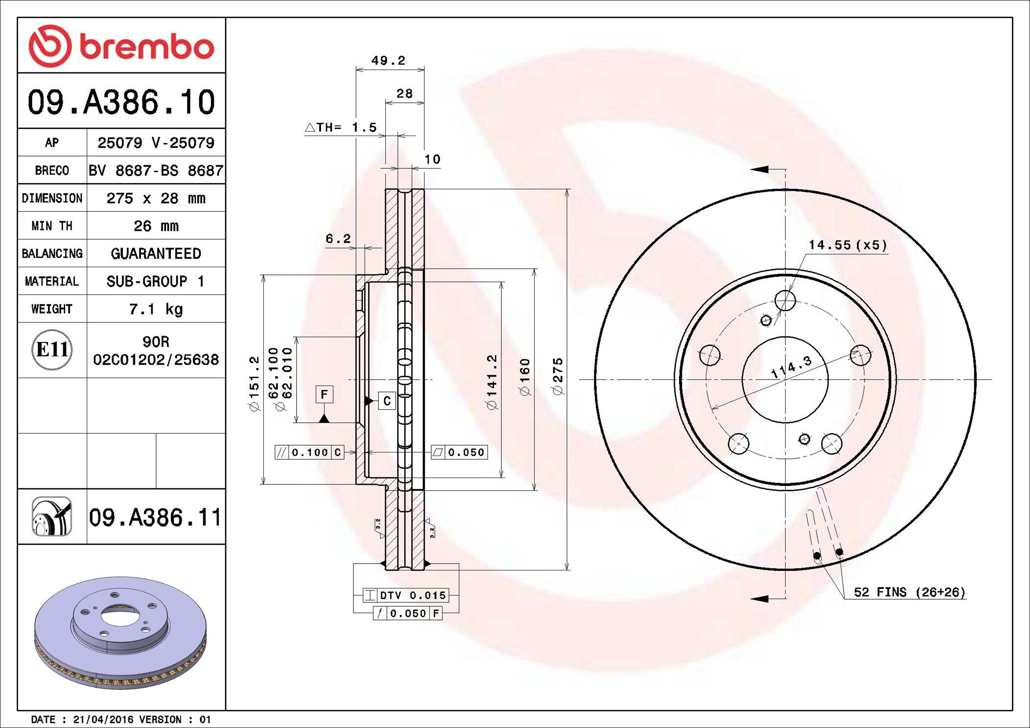 Tarcza hamulcowa przednia Brembo 09A38611 cena, od 51,95 USD