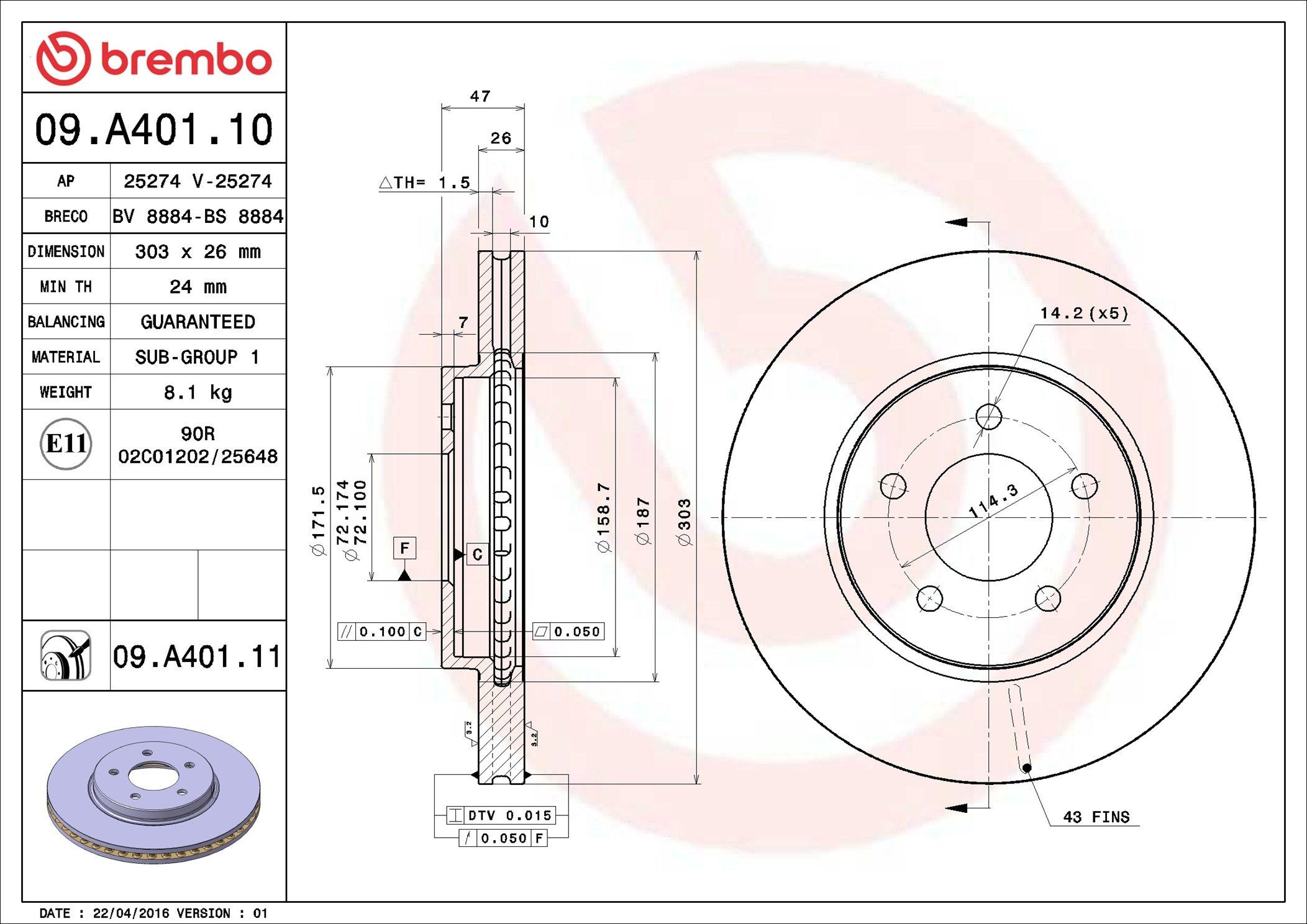 Tarcza hamulcowa przednia Brembo 09A40111 cena, od 80,06 USD
