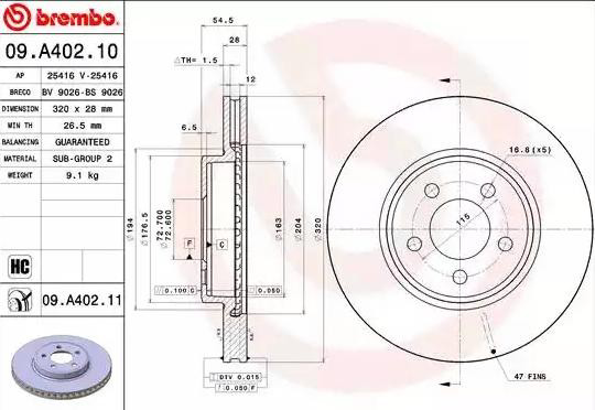 Tarcza hamulcowa przednia Brembo 09A40211 cena, od 101,80 USD