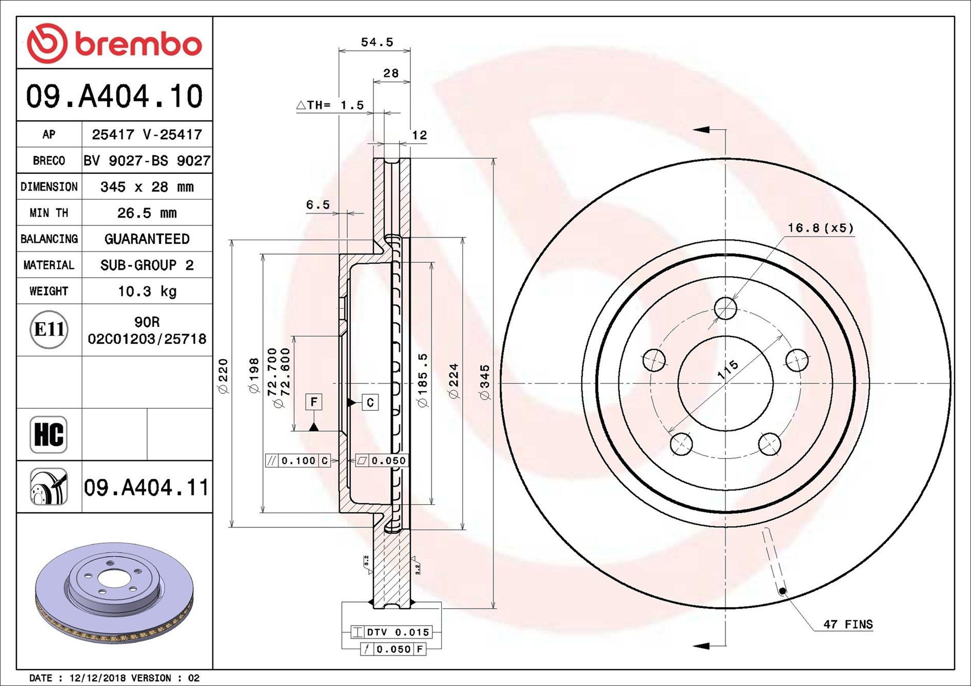 Tarcza hamulcowa przednia Brembo 09A40411 cena, od 87,40 USD