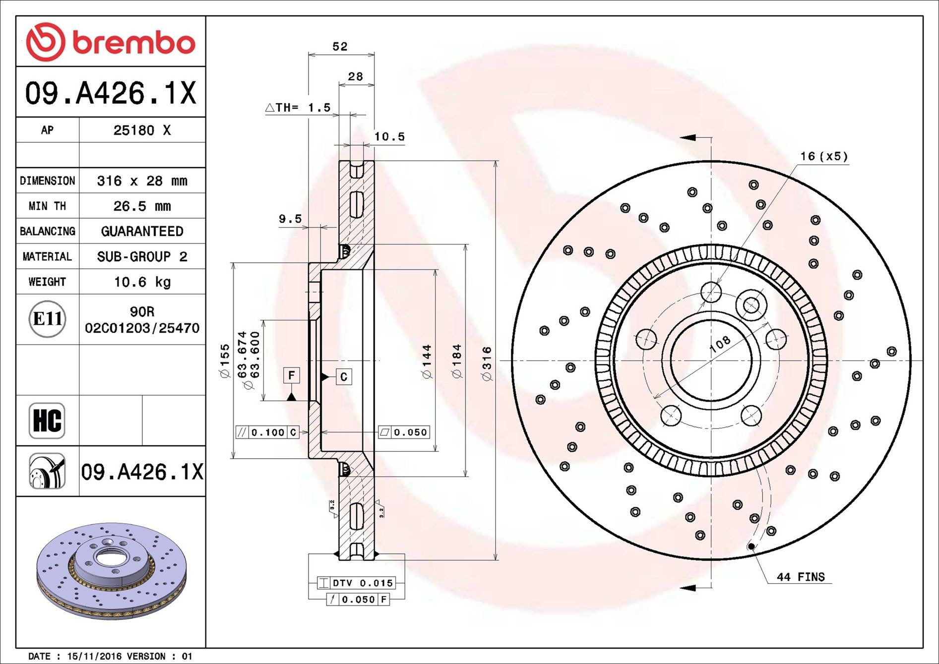 Tarcza hamulcowa przednia Brembo 09A4261X cena, od 65,29 USD