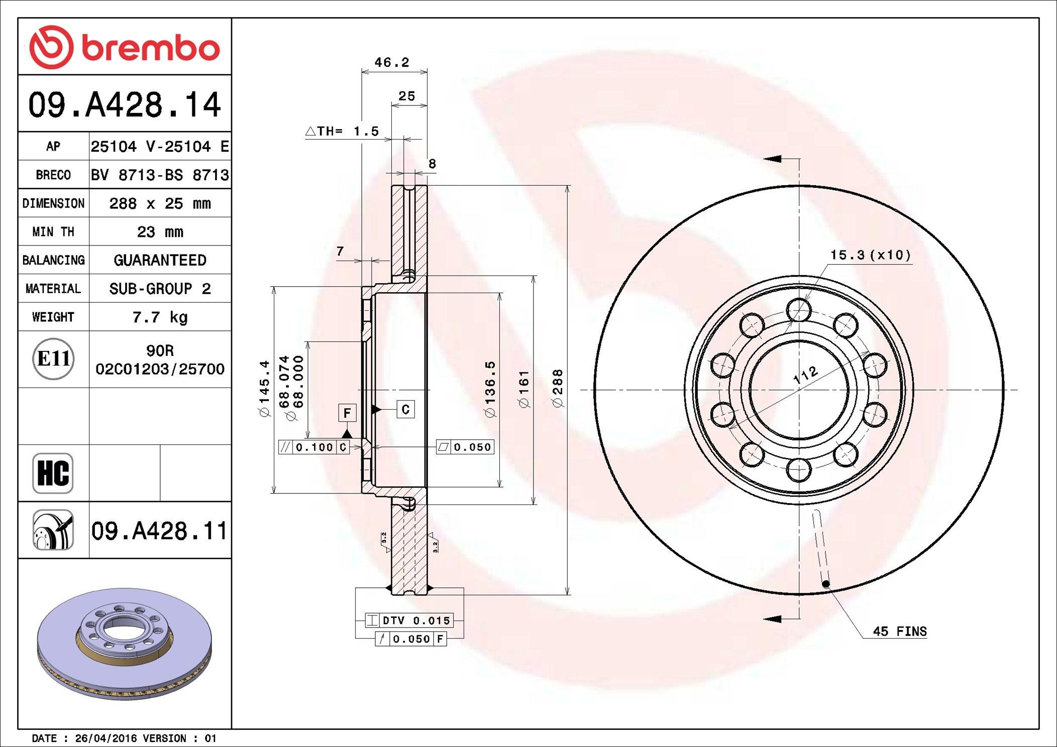 Tarcza hamulcowa przednia Brembo 09A42811 cena, od 54,23 USD