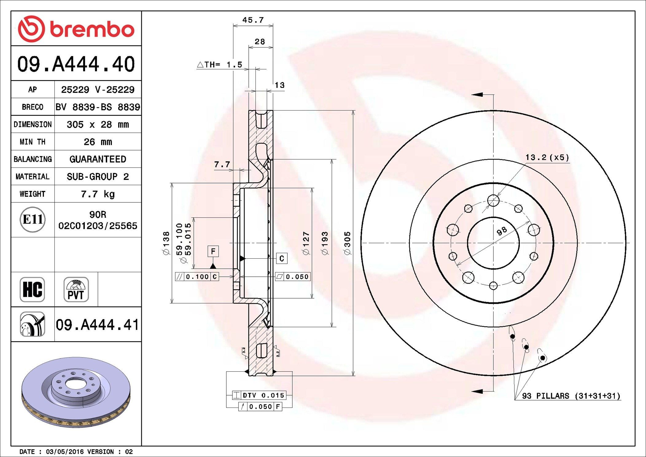 Tarcza hamulcowa przednia Brembo 09A44441 cena, od 57,99 USD