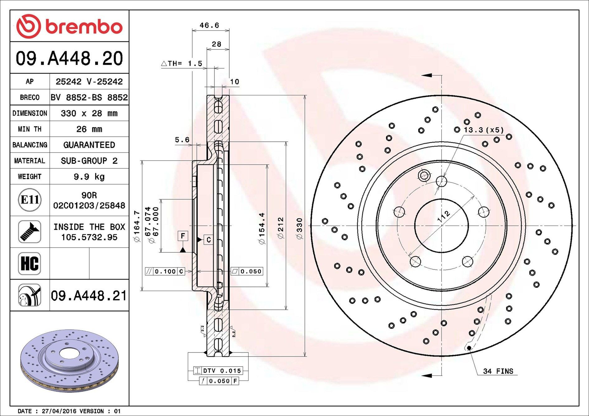 Tarcza hamulcowa przednia Brembo 09A44821 cena, od 99,49 USD