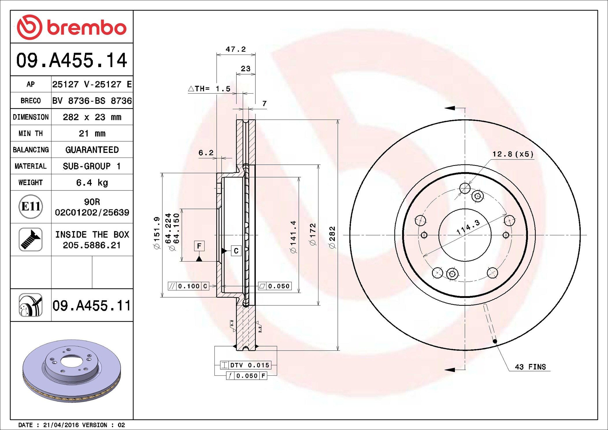 Tarcza hamulcowa przednia Brembo 09A45514 cena, od 43,85 USD