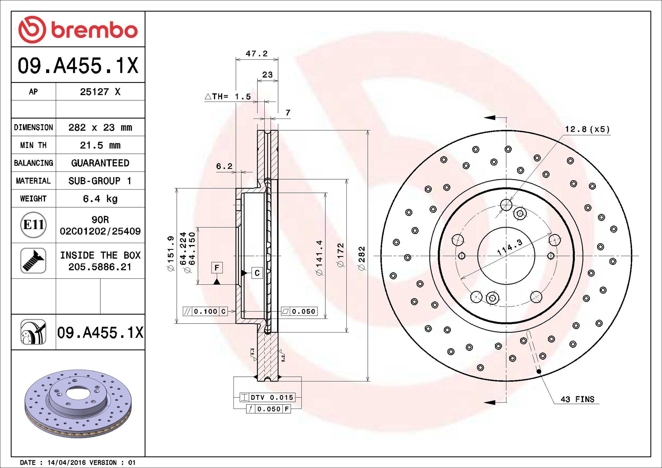 Tarcza hamulcowa przednia Brembo 09A4551X cena, od 43,85 USD