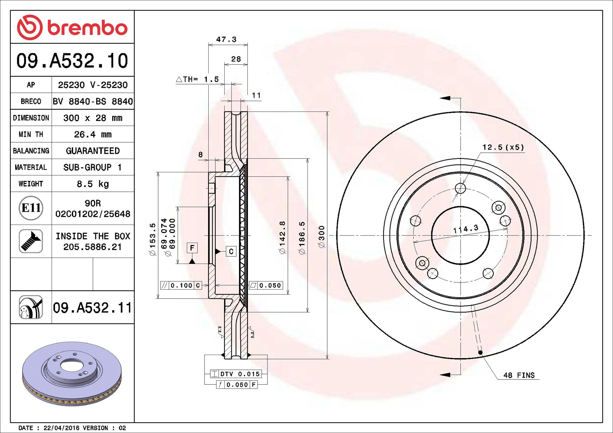 Tarcza hamulcowa przednia Brembo 09A53211 cena, od 52,02 USD
