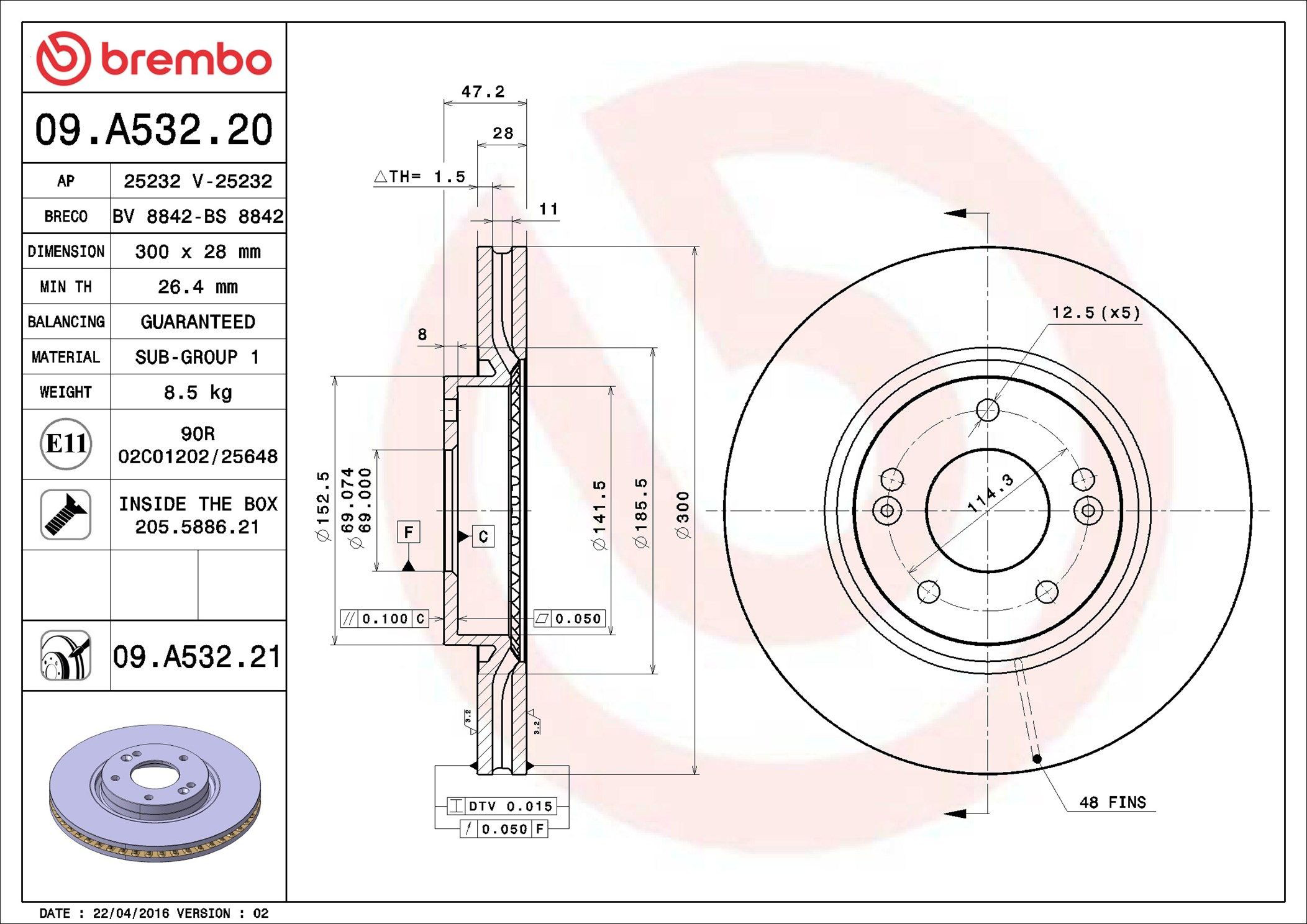 Tarcza hamulcowa przednia Brembo 09A53220 cena, od 51,99 USD